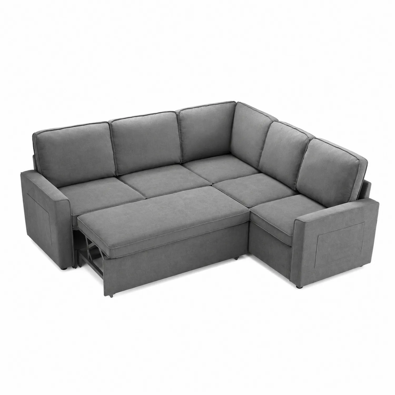 Divano angolare letto in tessuto grigio con struttura in legno