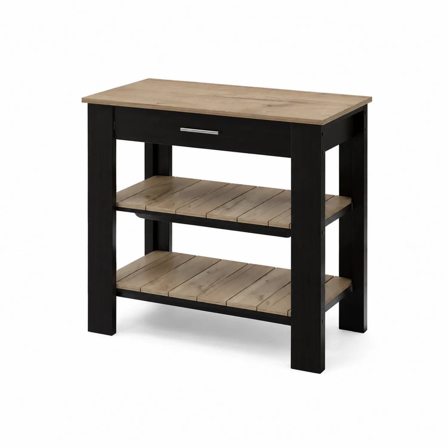 Tavolo Isola da Cucina in Legno con Ripiani e Cassetto Nero Naturale