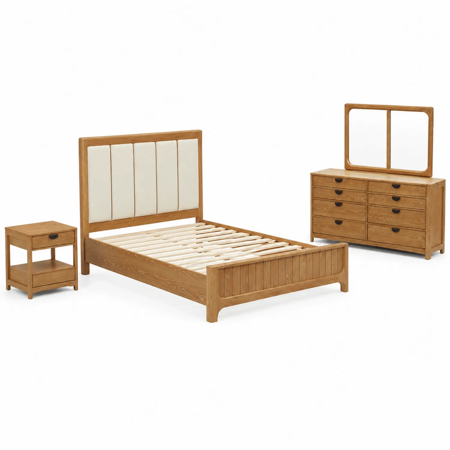 Set camera da letto in legno con testiera in tessuto crema