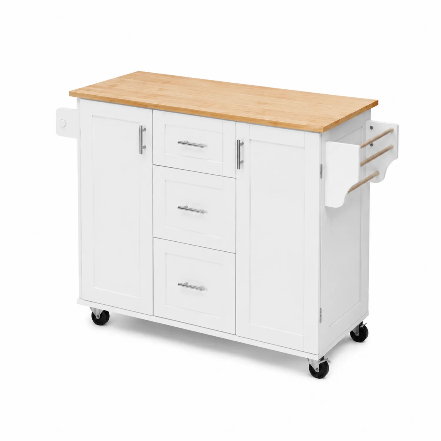 Carrello da Cucina con Piano in Bambù e Base Bianca