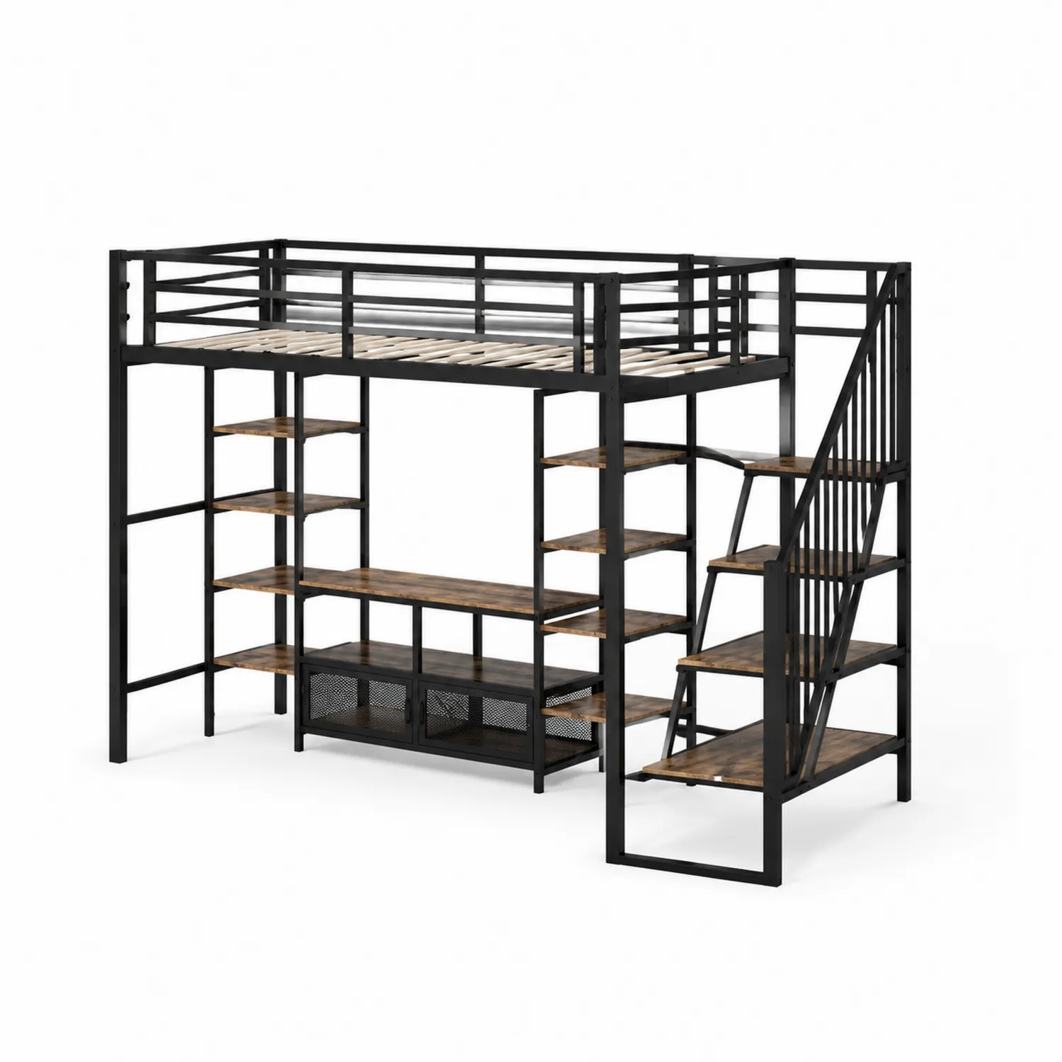 Letto a Soppalco in Metallo Nero con Scaffali in Legno