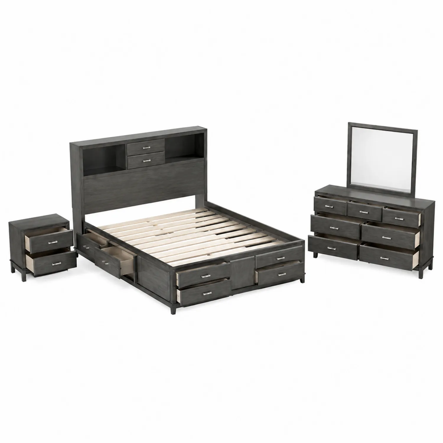 Set Camera da Letto in Legno con Letto Contenitore e Cassettiera Grigio