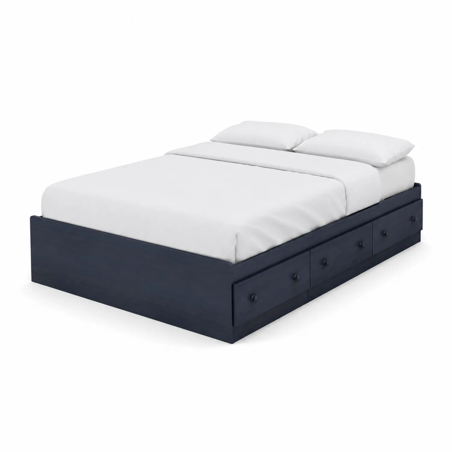 Letto matrimoniale in legno blu scuro con cassetti