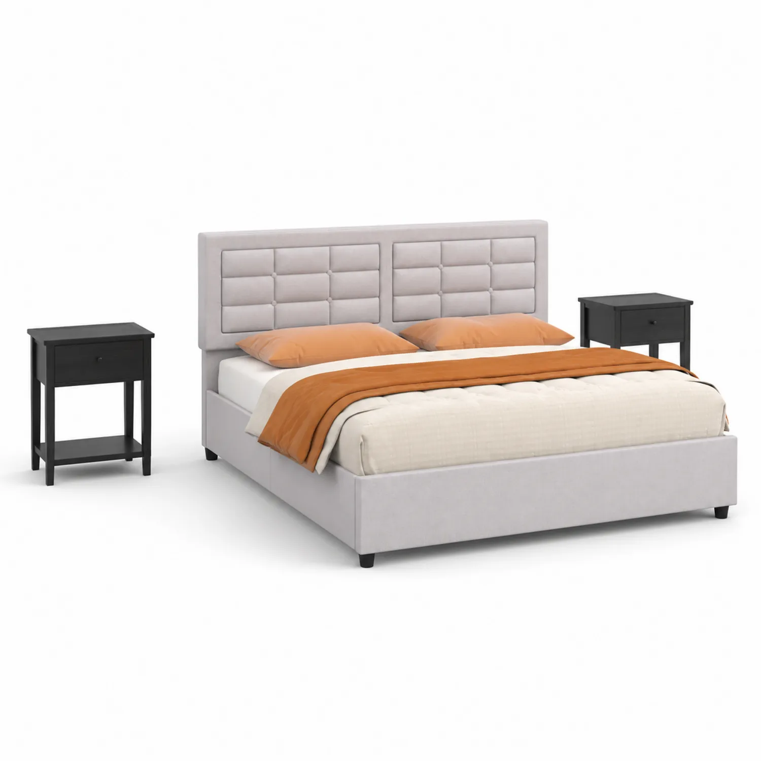 Letto matrimoniale in tessuto con comodini in legno verniciato nero