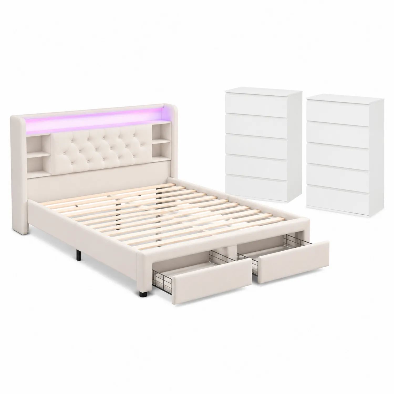 Letto matrimoniale in ecopelle con contenitore e LED, cassettiere incluse