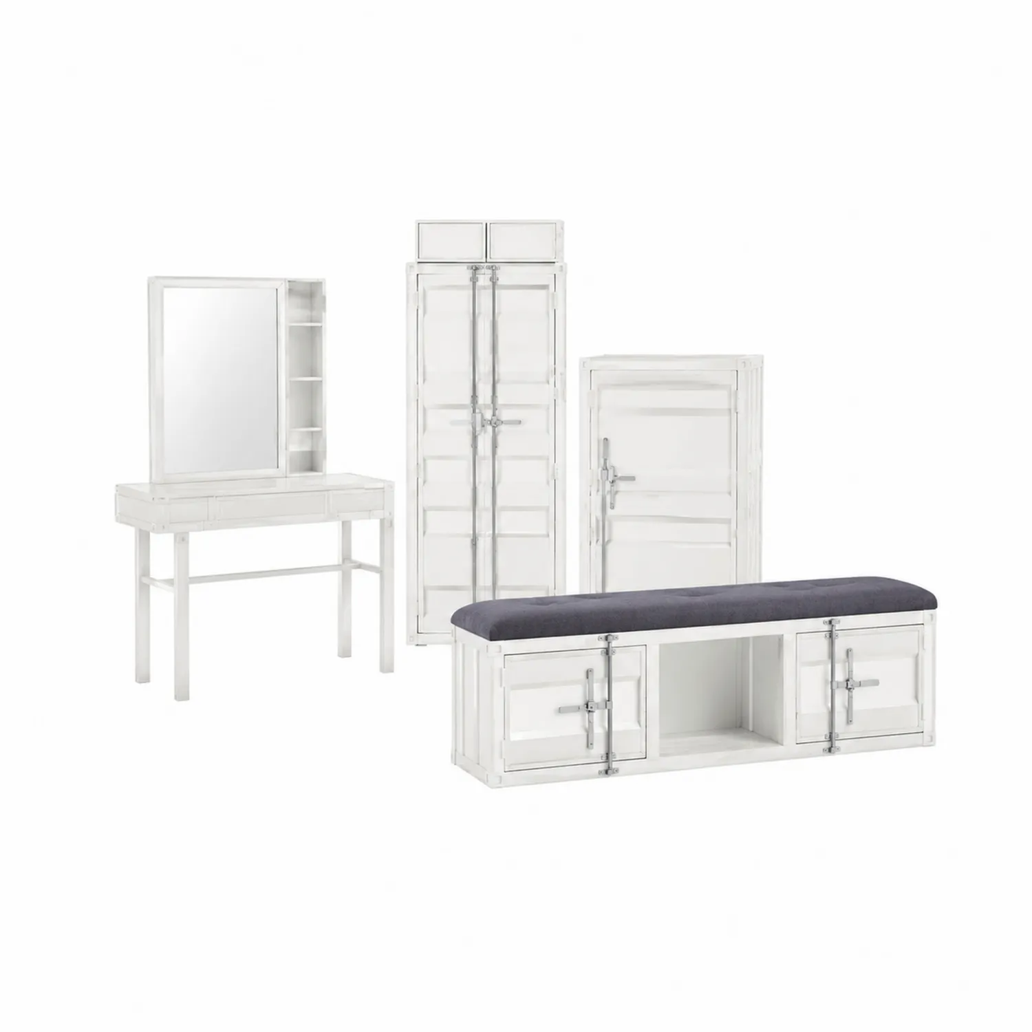 Set Armadio in Legno Bianco con Panca in Tessuto