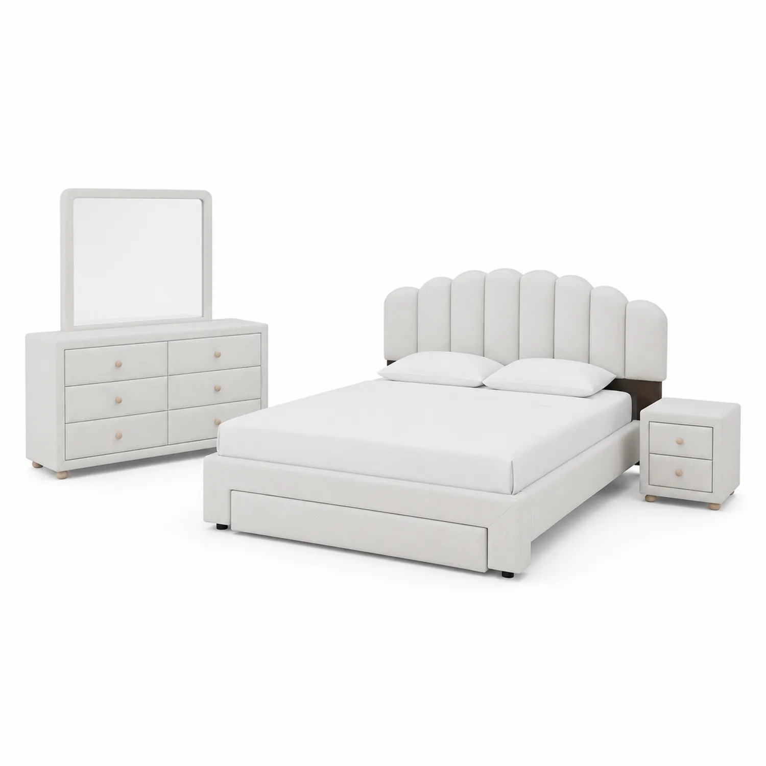 Set camera da letto con letto matrimoniale, comodini e cassettiera in tessuto bianco