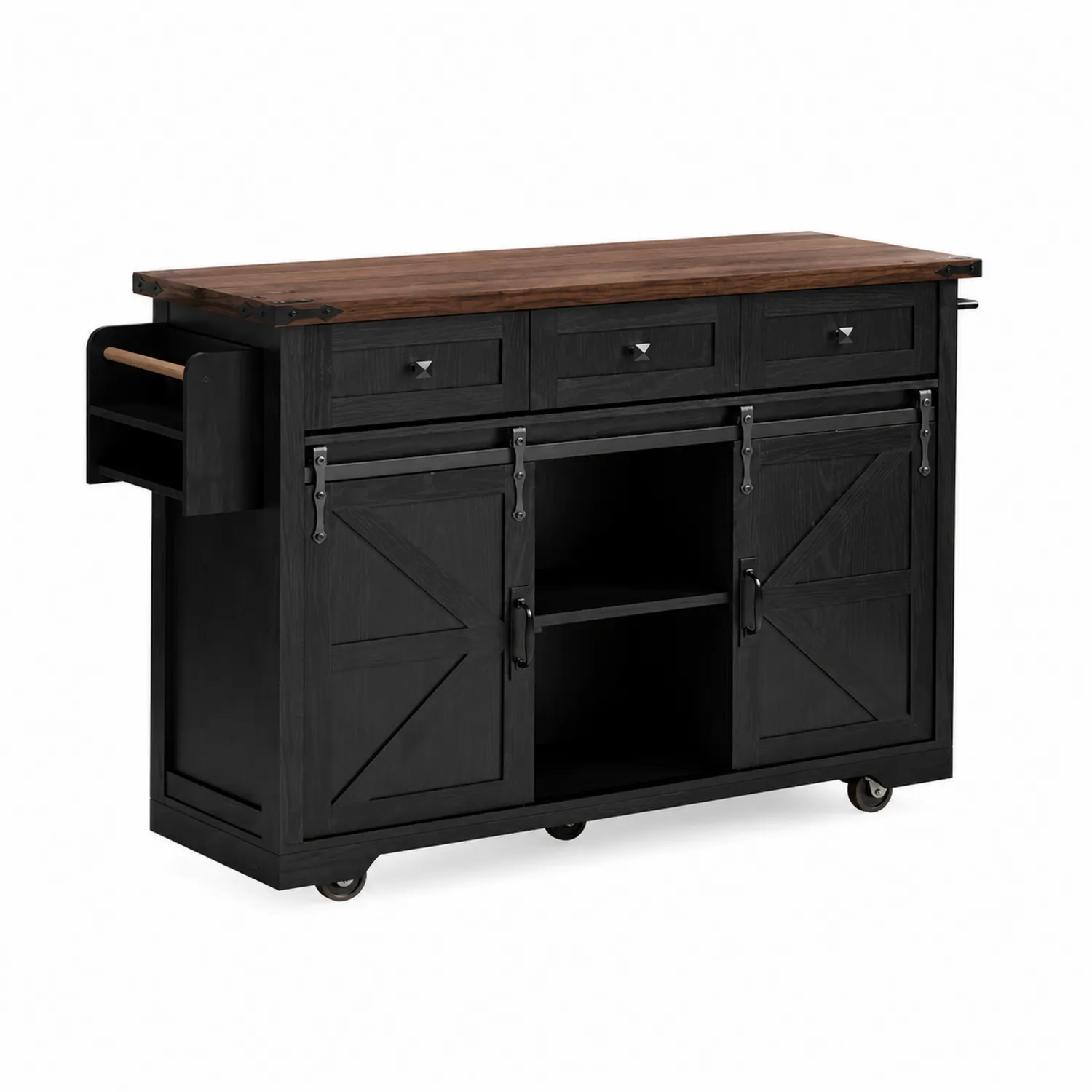 Carrello Cucina in Legno con Porte Scorrevoli e Ruote, Nero