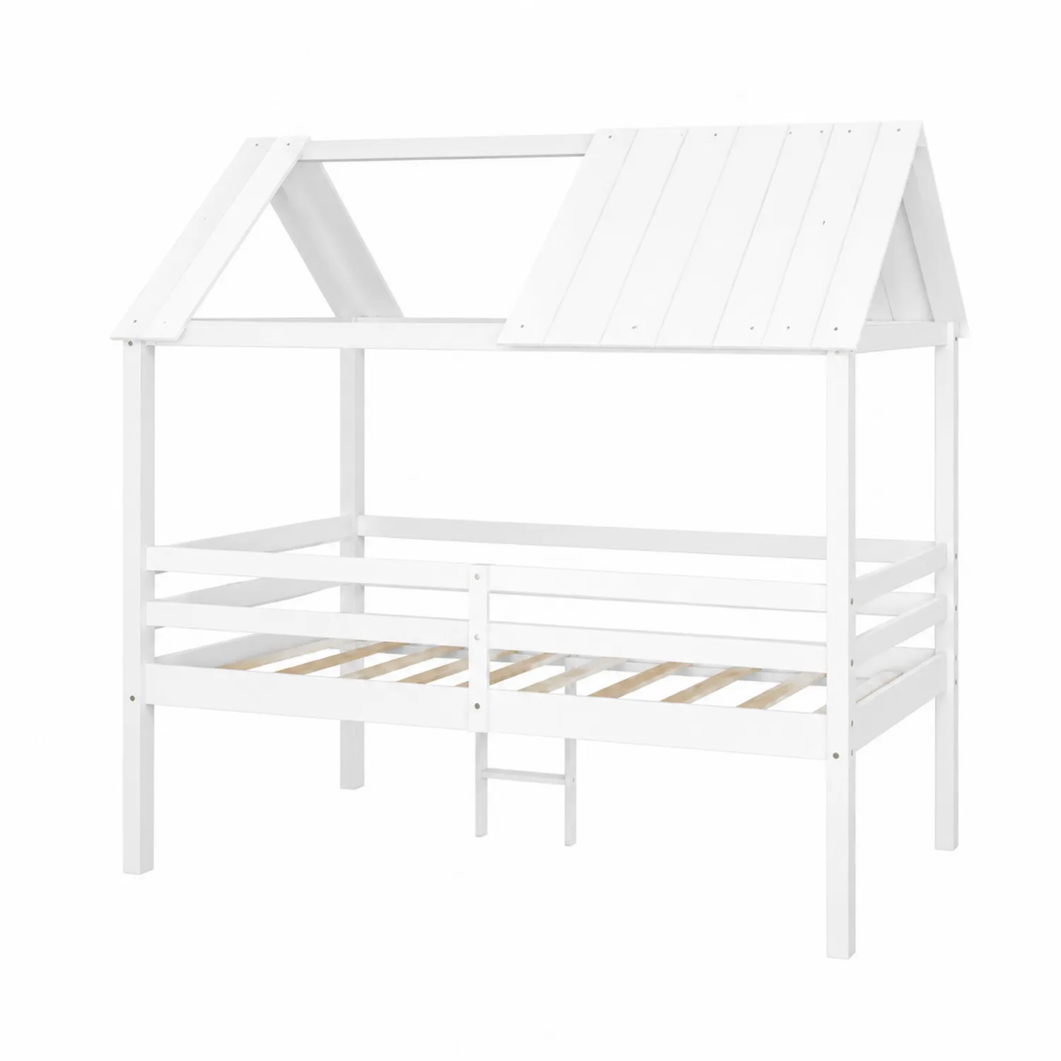 Letto per Bambini in Legno Massello di Pino Bianco con Struttura a Casetta 200x90 cm