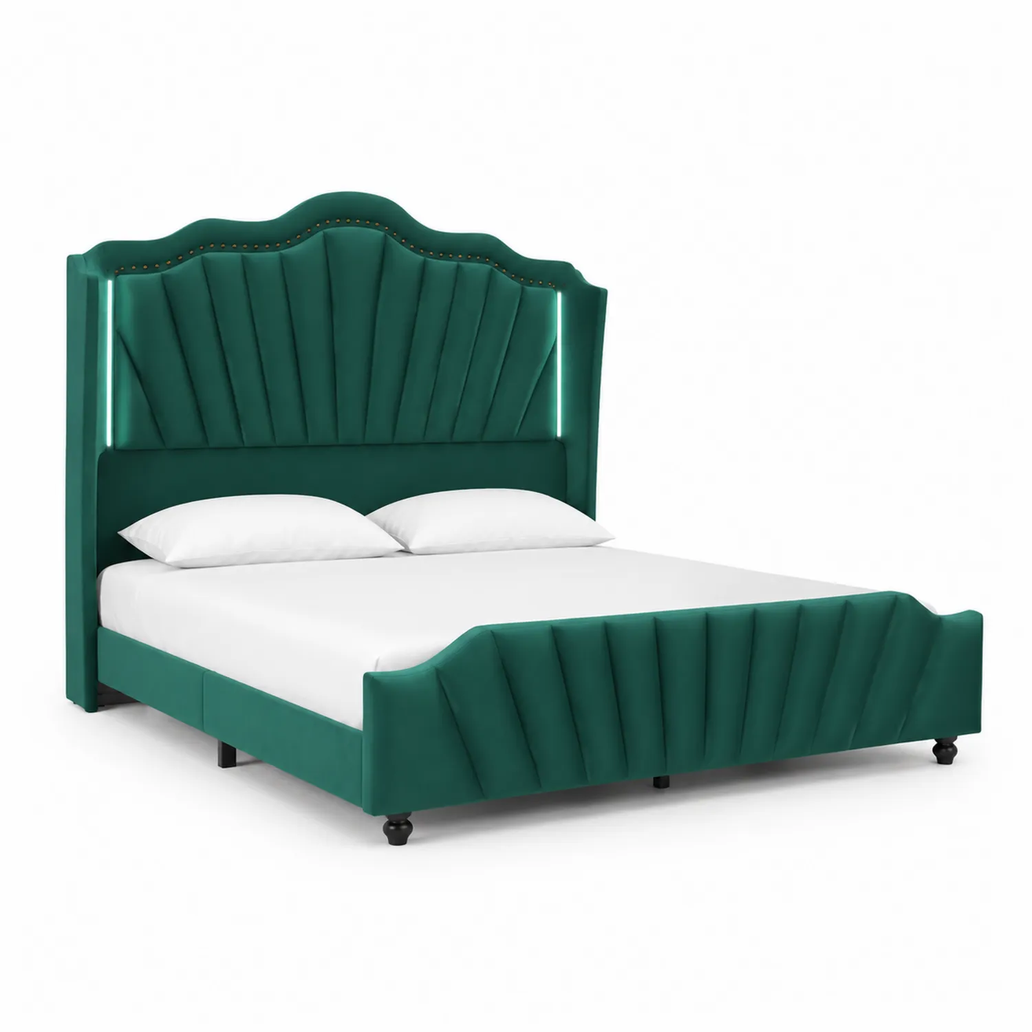 Letto matrimoniale in velluto verde con testiera imbottita