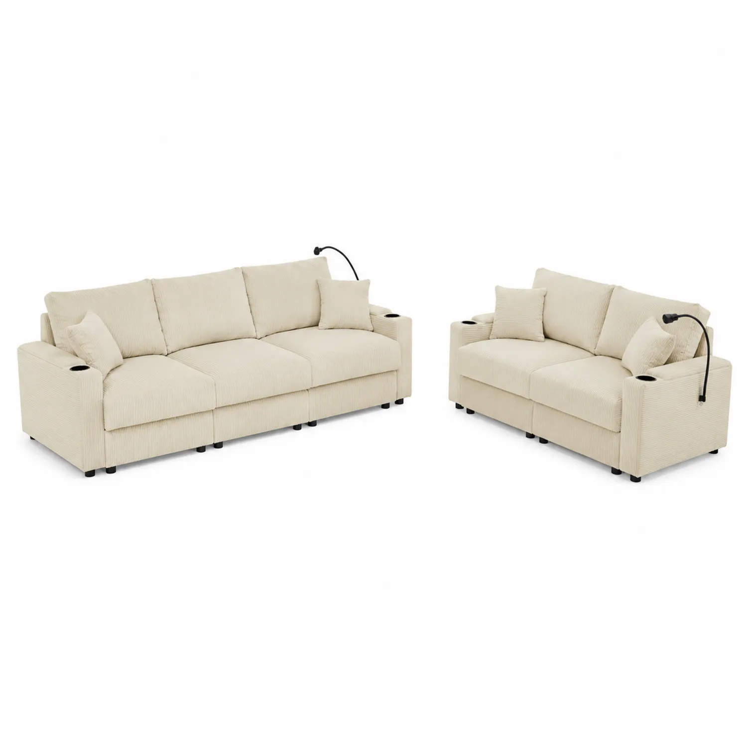 Set Divano e Loveseat in Tessuto Beige con Porta Bicchieri e Luci LED