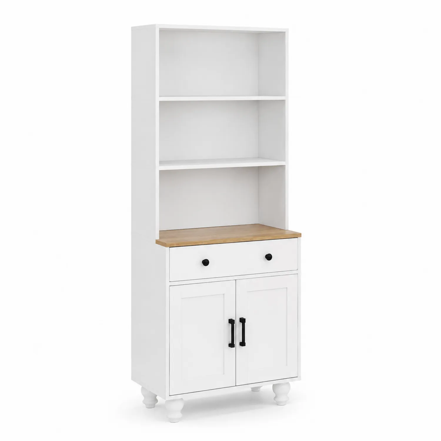 Credenza da Cucina in Legno Bianco e Rovere con Ripiani e Cassetto