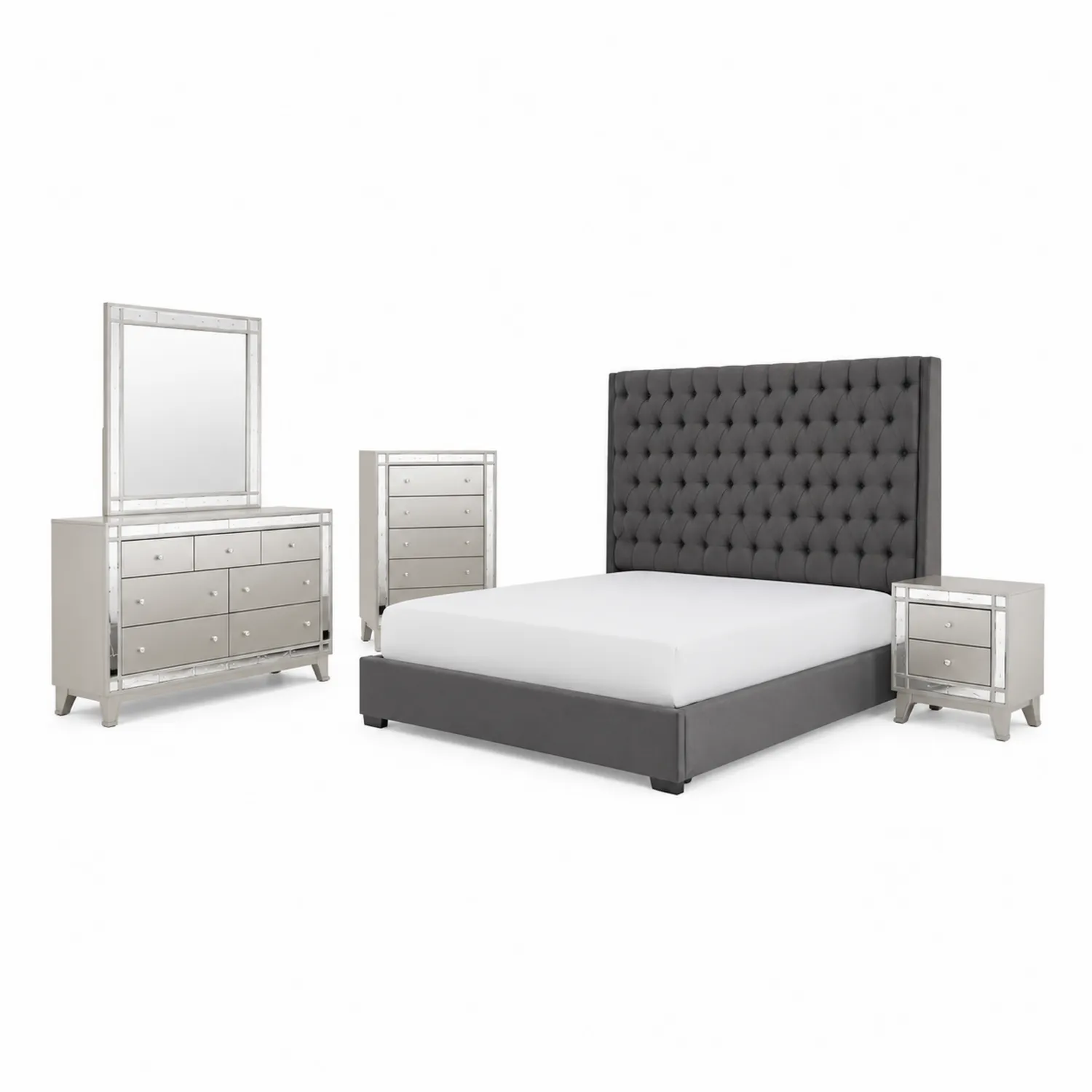 Set Camera da Letto con Letto in Tessuto Grigio e Mobili in Legno Argentato