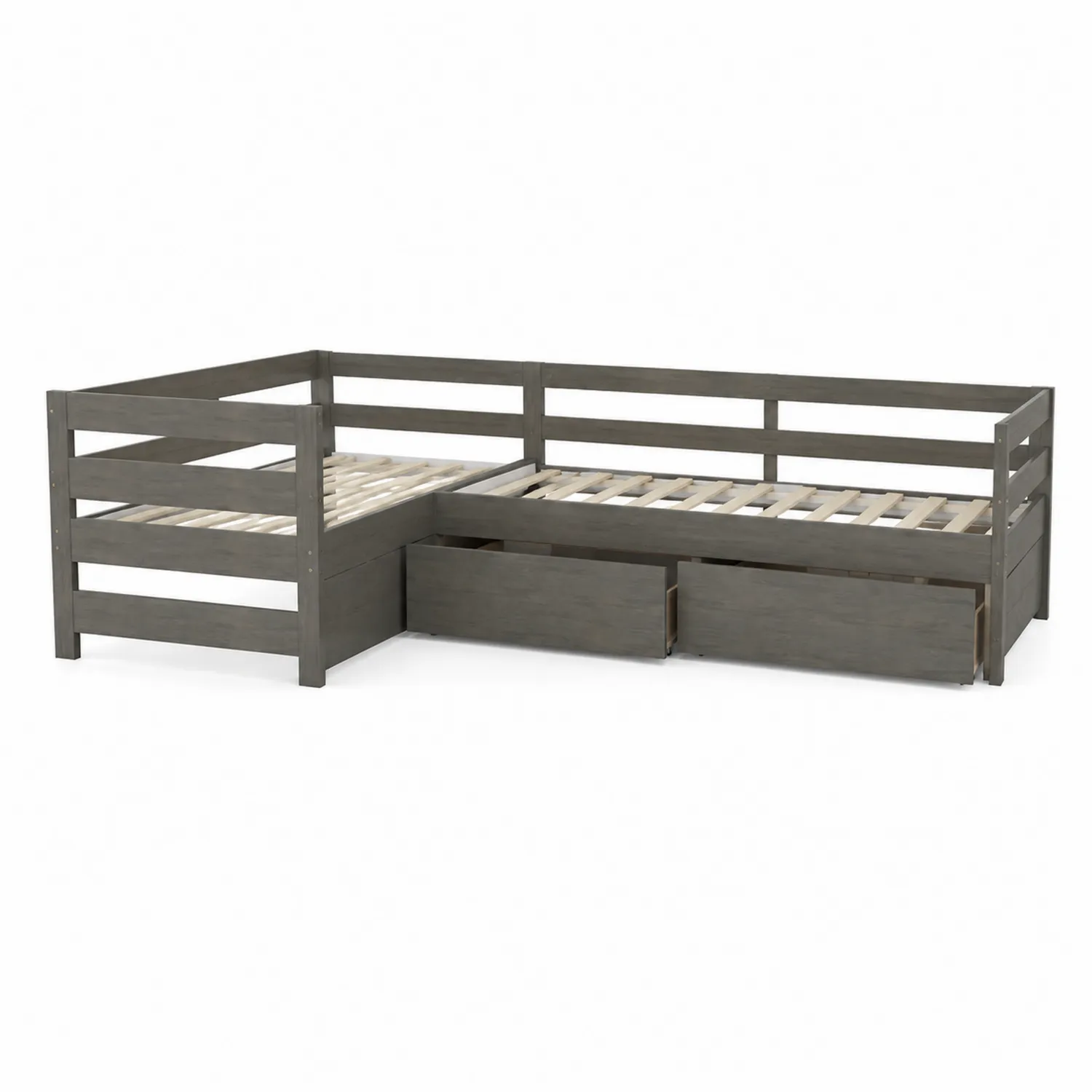 Letto angolare in legno massello grigio con cassetti