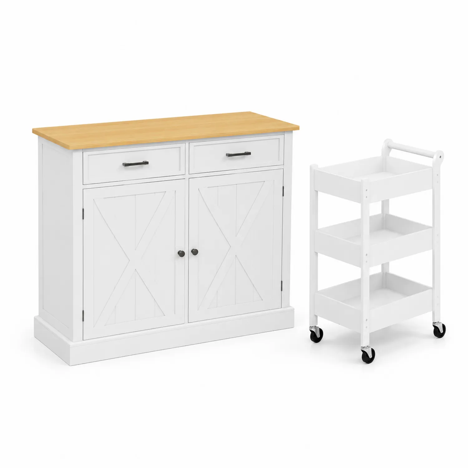 Set mobile da cucina in legno con carrello bianco a tre ripiani