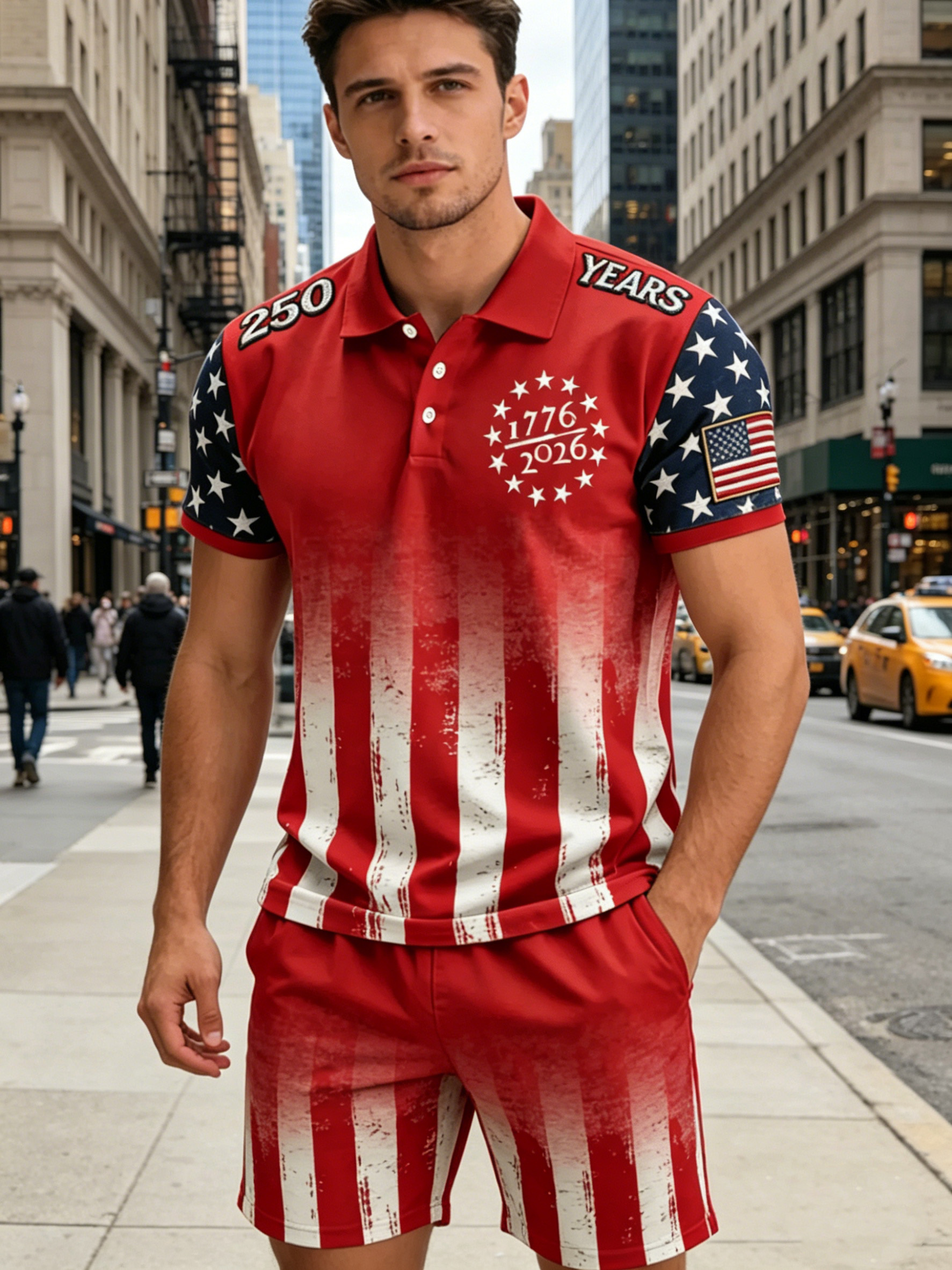🔥Men's Vintage 250th Anniversary American Flag 1776 Patriotic Print Two-Piece Set