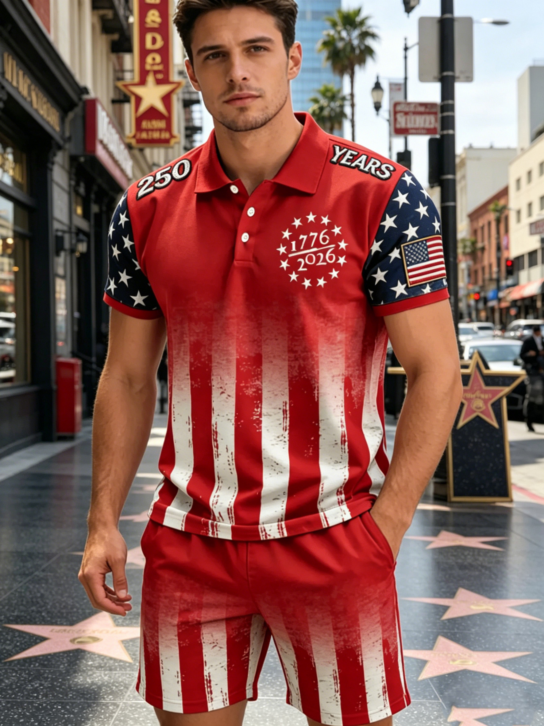 🔥Men's Vintage 250th Anniversary American Flag 1776 Patriotic Print Two-Piece Set