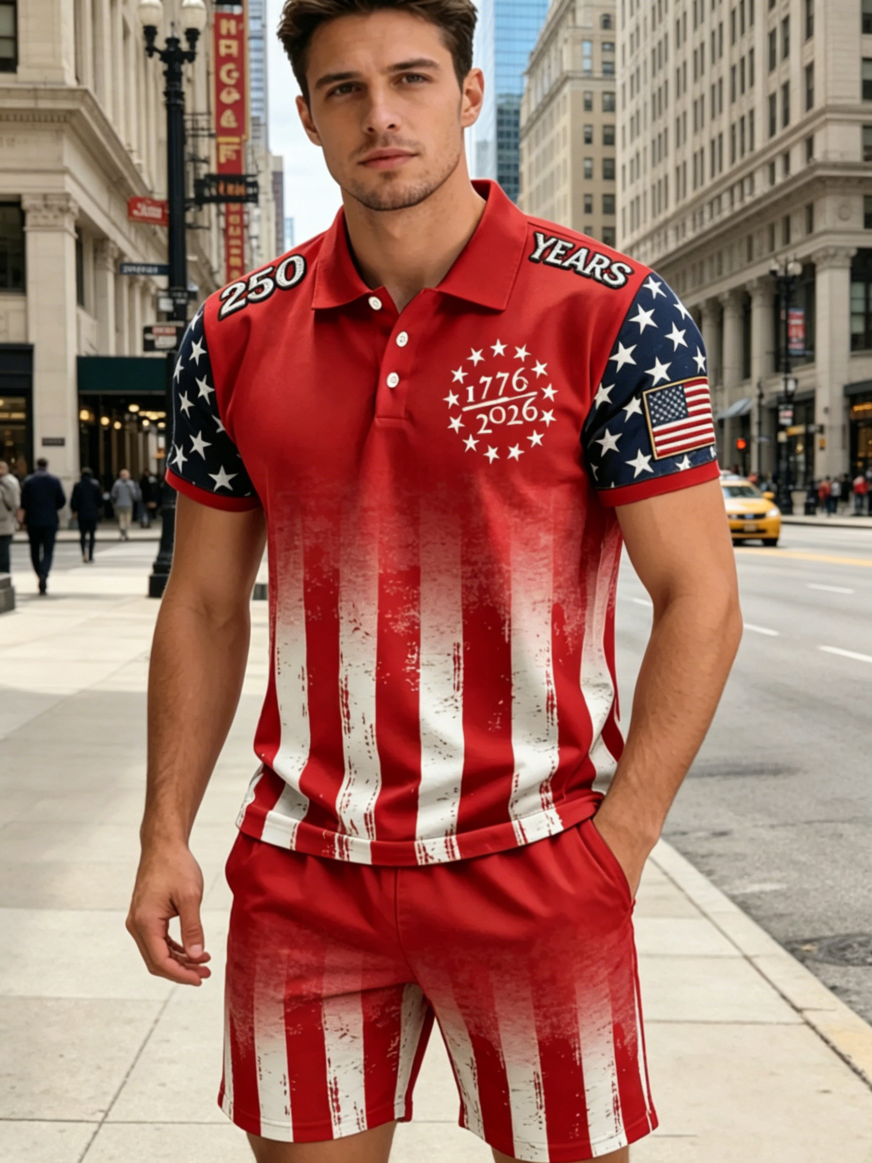 🔥Men's Vintage 250th Anniversary American Flag 1776 Patriotic Print Two-Piece Set
