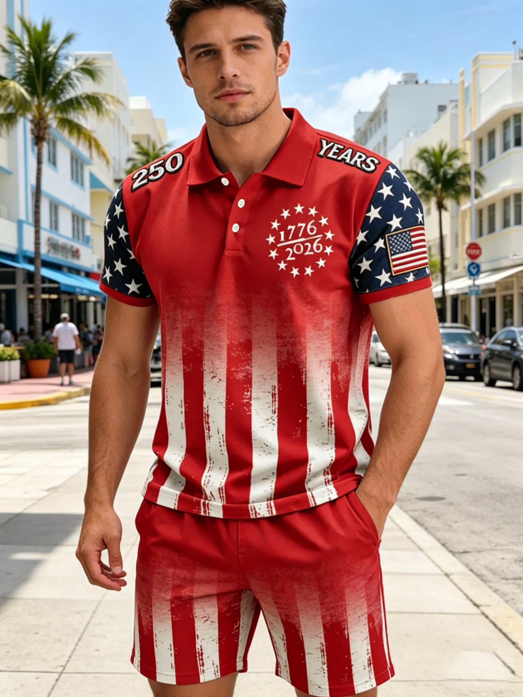 🔥Men's Vintage 250th Anniversary American Flag 1776 Patriotic Print Two-Piece Set