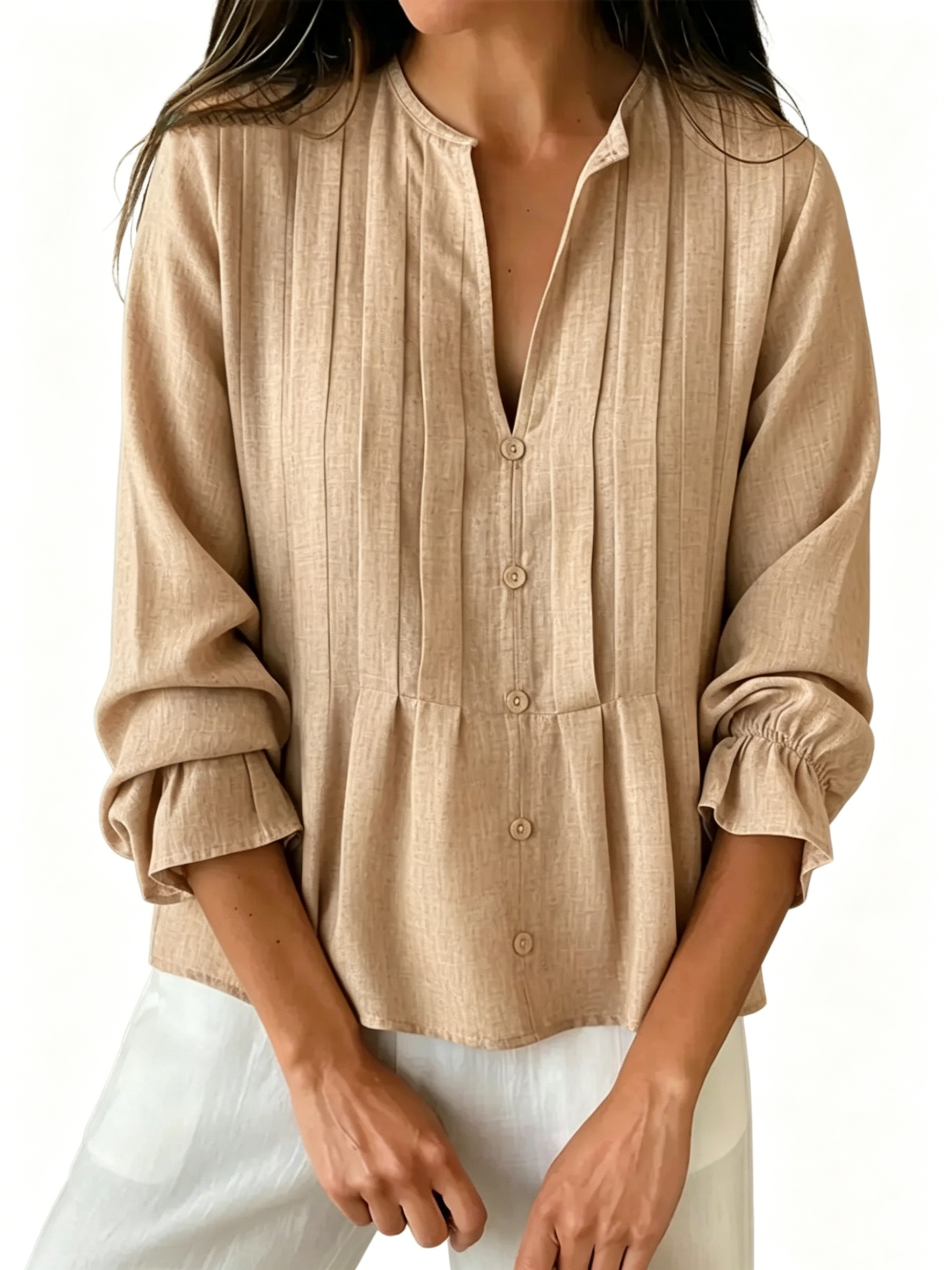 Women's Pleated V-Neck Peplum Blouse - Long Sleeve Ruffled Cuff Casual Shirt