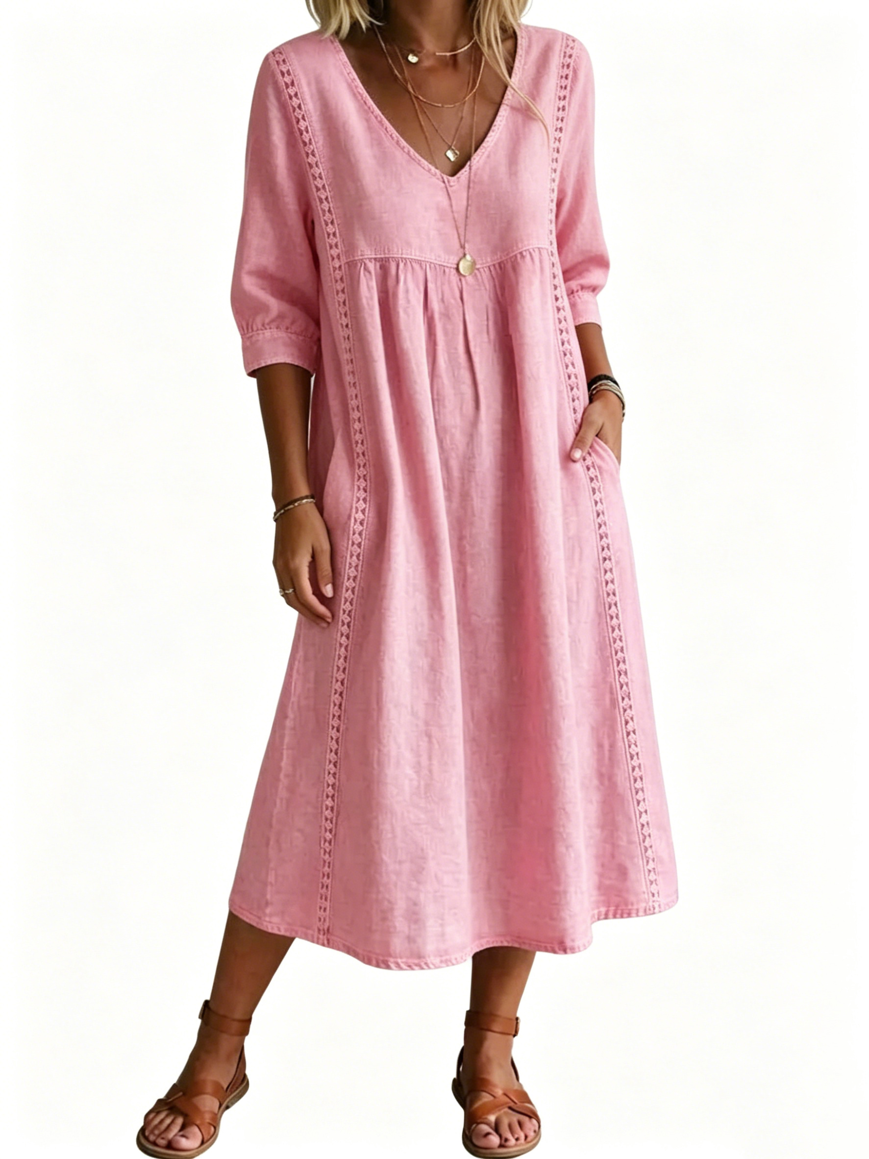 Women's Casual Loose-fitting Patchwork Lace Trim Linen And Cotton Dress