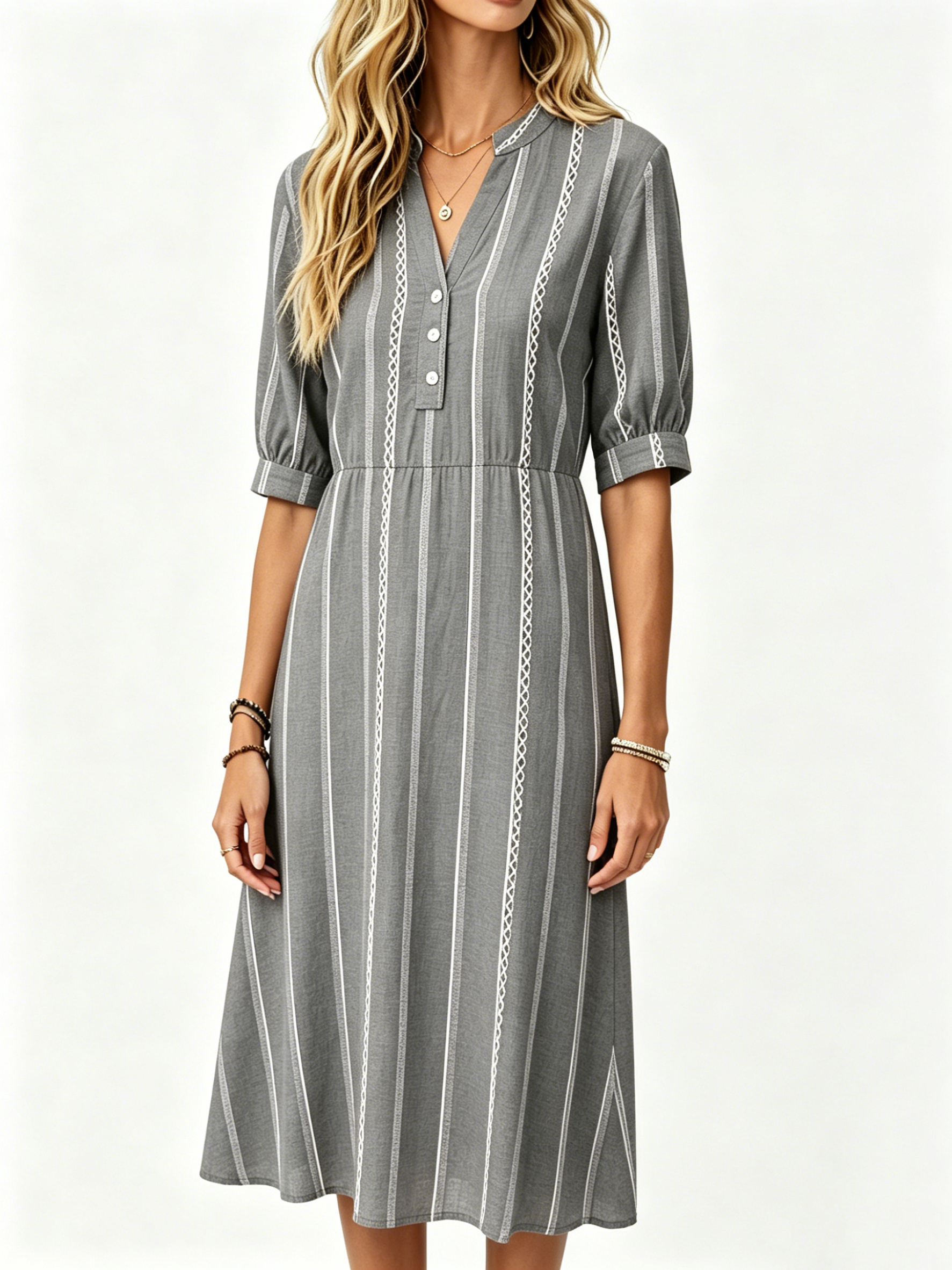 Women's Striped V‑Neck Midi Dress, Puff Short Sleeve Casual Waist‑Tied A‑Line Dress, Boho Stand Collar Button Decor Daily Wear Dress