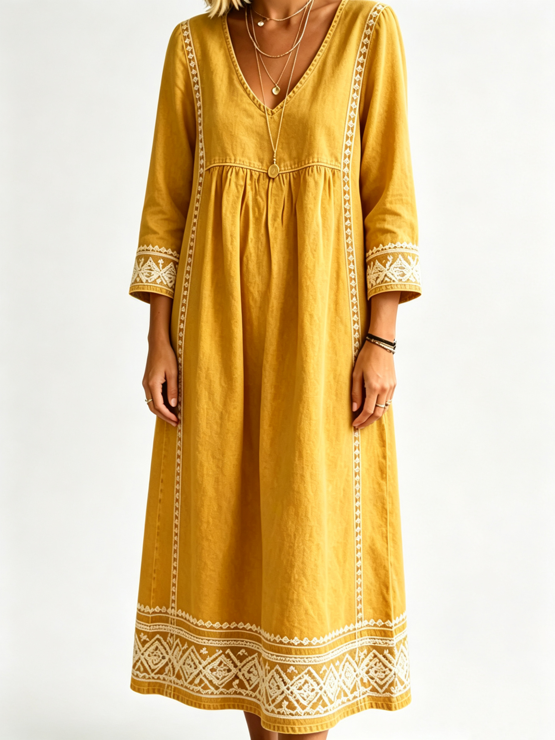 Women’s Boho Embroidered V‑Neck Midi Dress