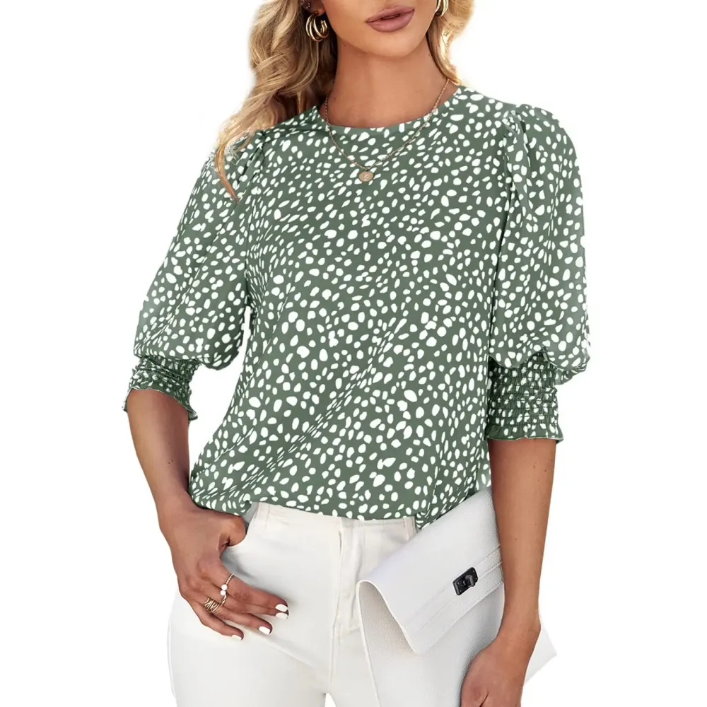 Cicy Bell Women's Polka Dot 3/4 Sleeve Blouse Tops Ladies Casual Office Work Crew Neck T-Shirt Spring Soft Crewneck