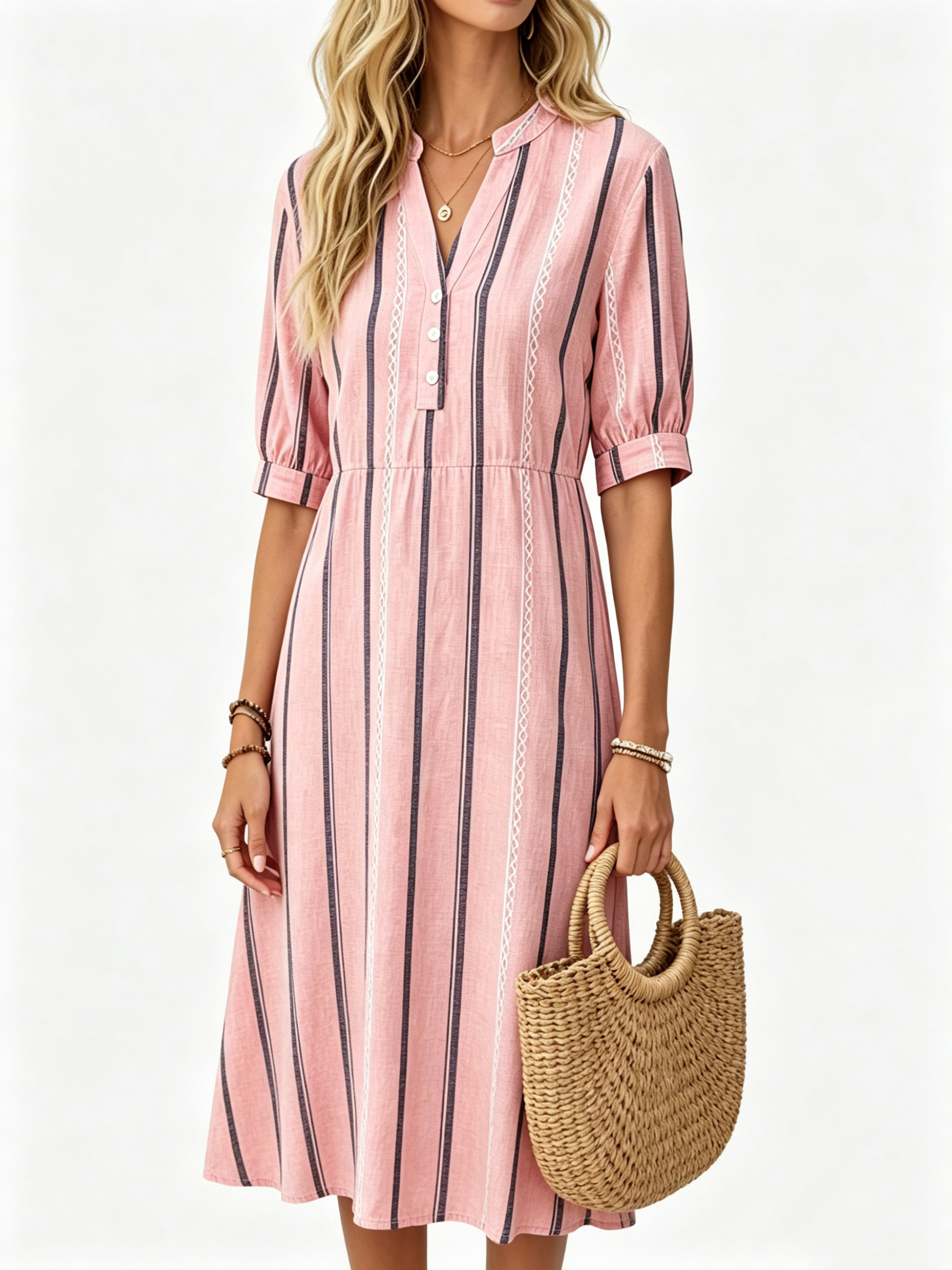 Women's Striped V‑Neck Midi Dress, Puff Short Sleeve Casual Waist‑Tied A‑Line Dress, Boho Stand Collar Button Decor Daily Wear Dress