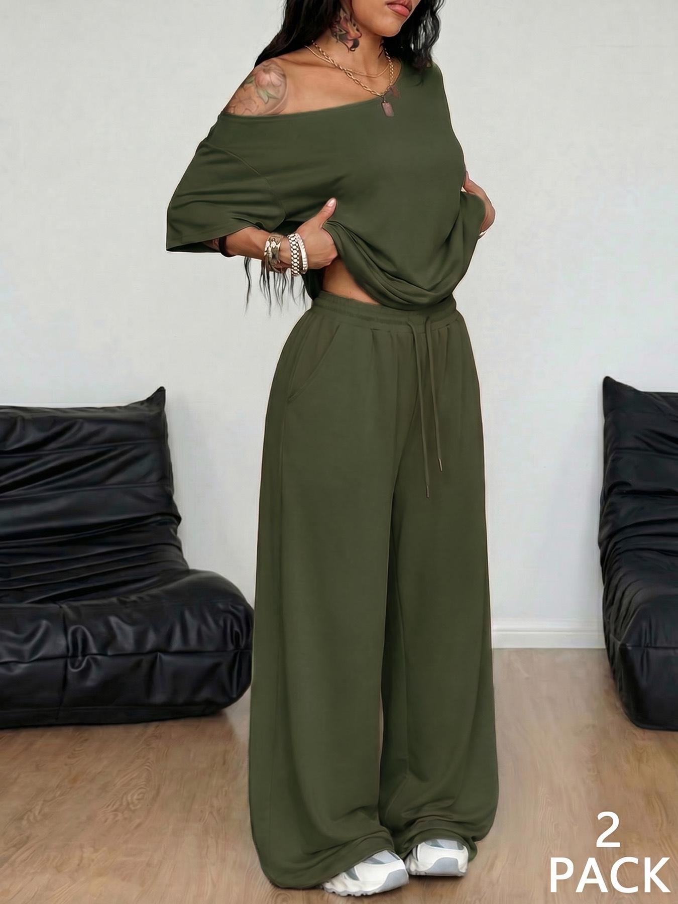 2pcs/Set Women's Minimalist Basic Daily Wear Everyday Going Out Sport Comfortable Off Shoulder T-Shirt And Wide Leg Pants Two Pieces Outfits
