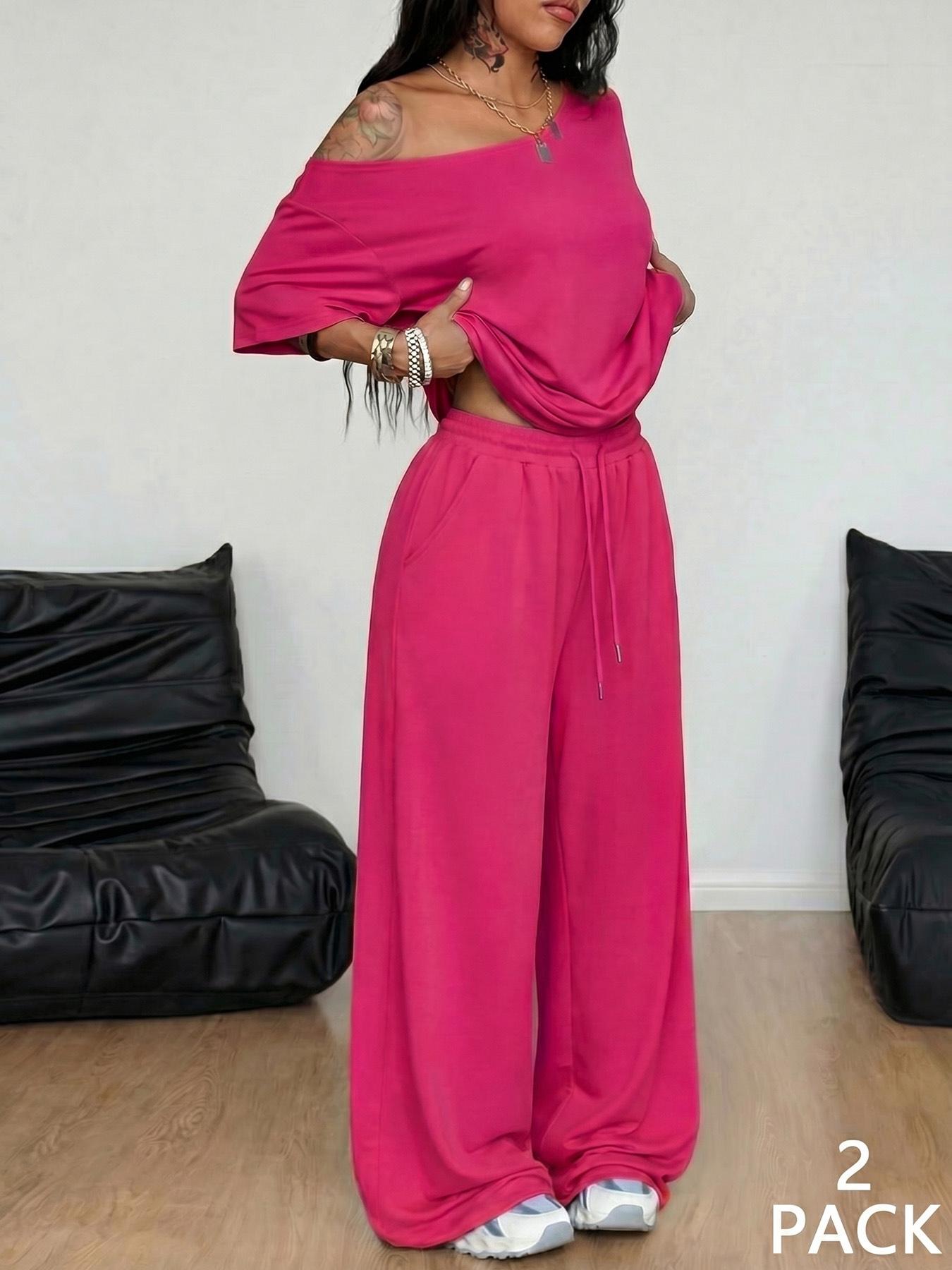 2pcs/Set Women's Minimalist Basic Daily Wear Everyday Going Out Sport Comfortable Off Shoulder T-Shirt And Wide Leg Pants Two Pieces Outfits