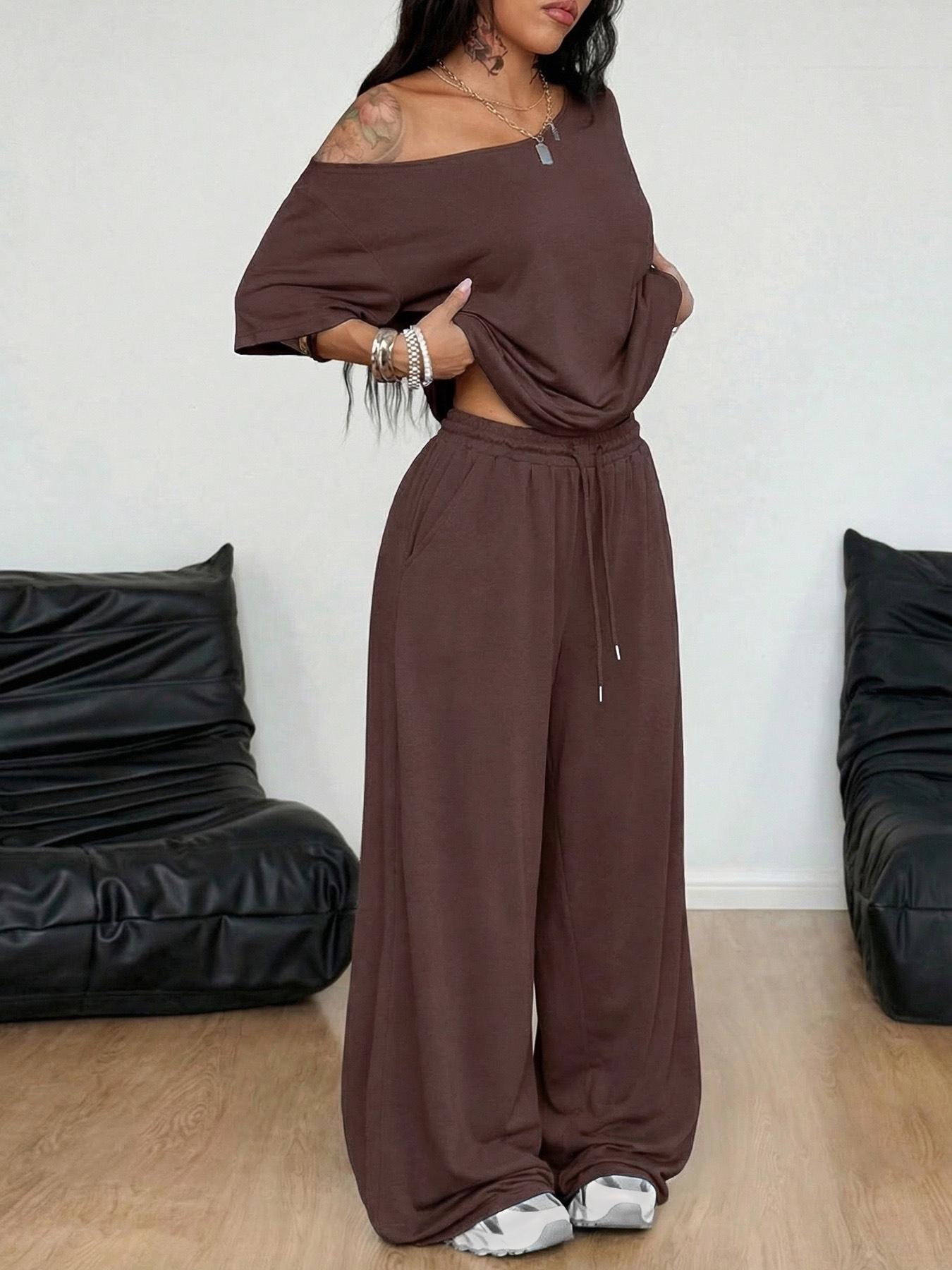 2pcs/Set Women's Minimalist Basic Daily Wear Everyday Going Out Sport Comfortable Off Shoulder T-Shirt And Wide Leg Pants Two Pieces Outfits