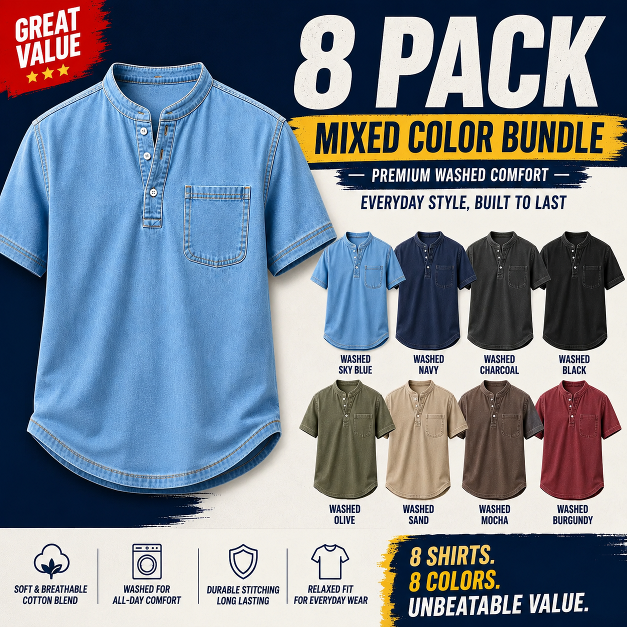 Limited Deal 8-Pack Men's Washed Stand Collar Henley Shirts, Short Sleeve Relaxed Fit Pocket Tops