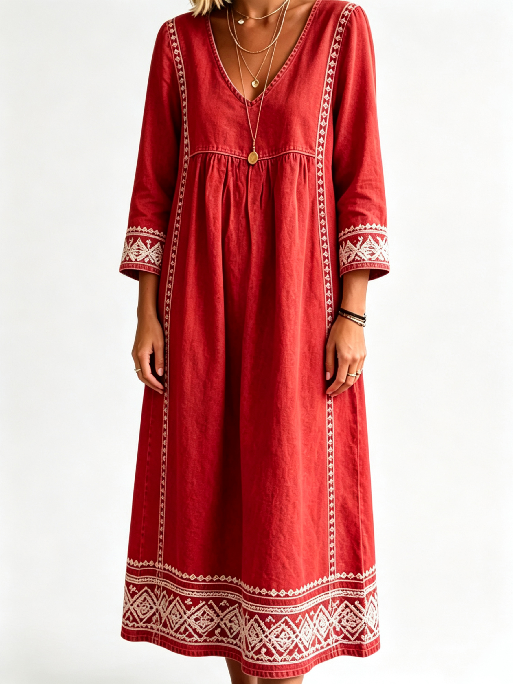 Women’s Boho Embroidered V‑Neck Midi Dress