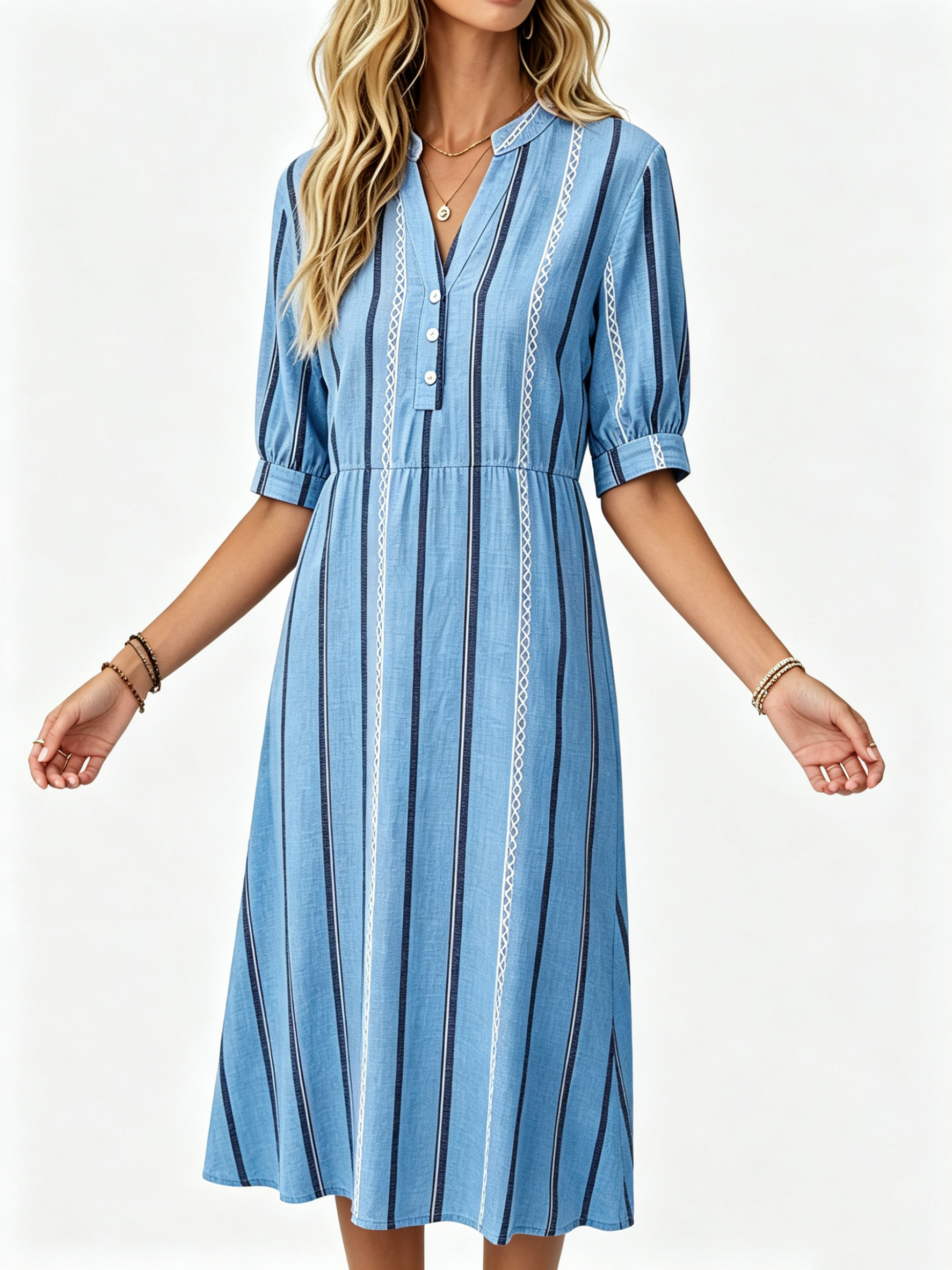 Women's Striped V‑Neck Midi Dress, Puff Short Sleeve Casual Waist‑Tied A‑Line Dress, Boho Stand Collar Button Decor Daily Wear Dress