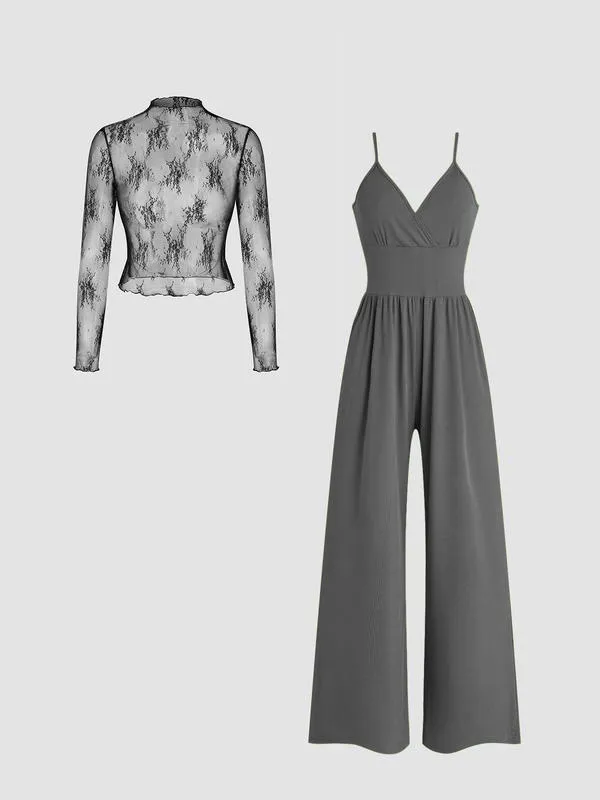 🎉Hot selling items-Women's solid color lace t-shirt and pocket jumpsuit two-piece set