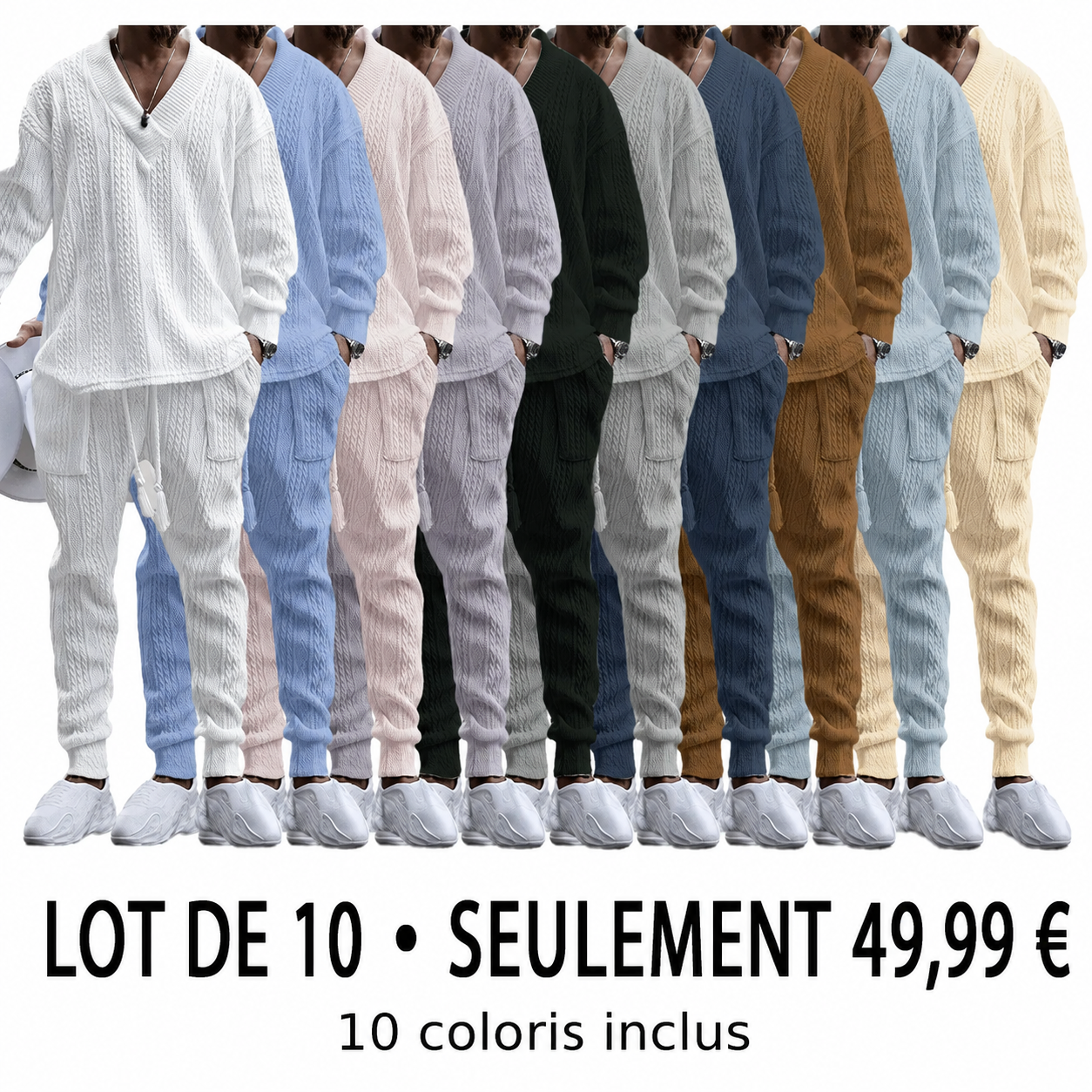 Ensemble de Survêtement Homme en Maille Jacquard – Pull Col V et Jogger Confort