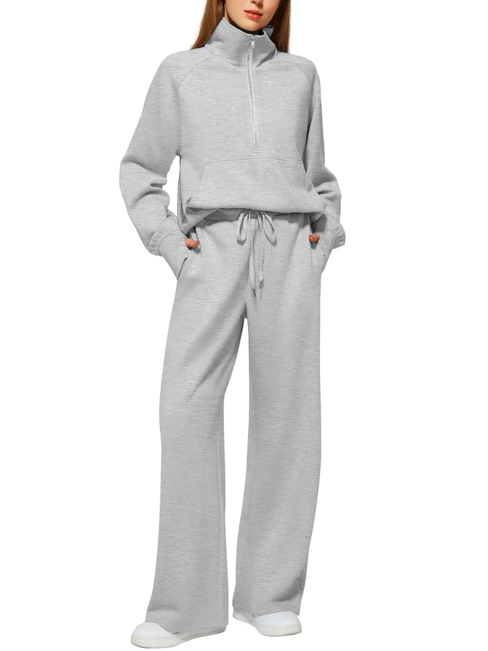 CLEARANCE SALE🔥 Women's Solid Color Cotton Half Zip Two-Piece Set