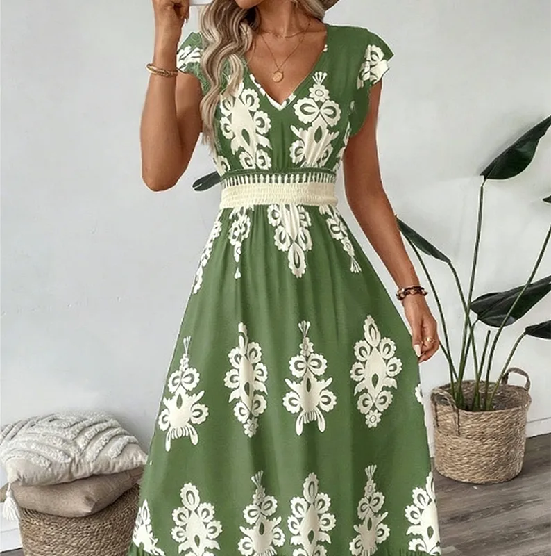 👗New arrival!🏖️Women's V-Neck Baroque Print Flowy Maxi Dress