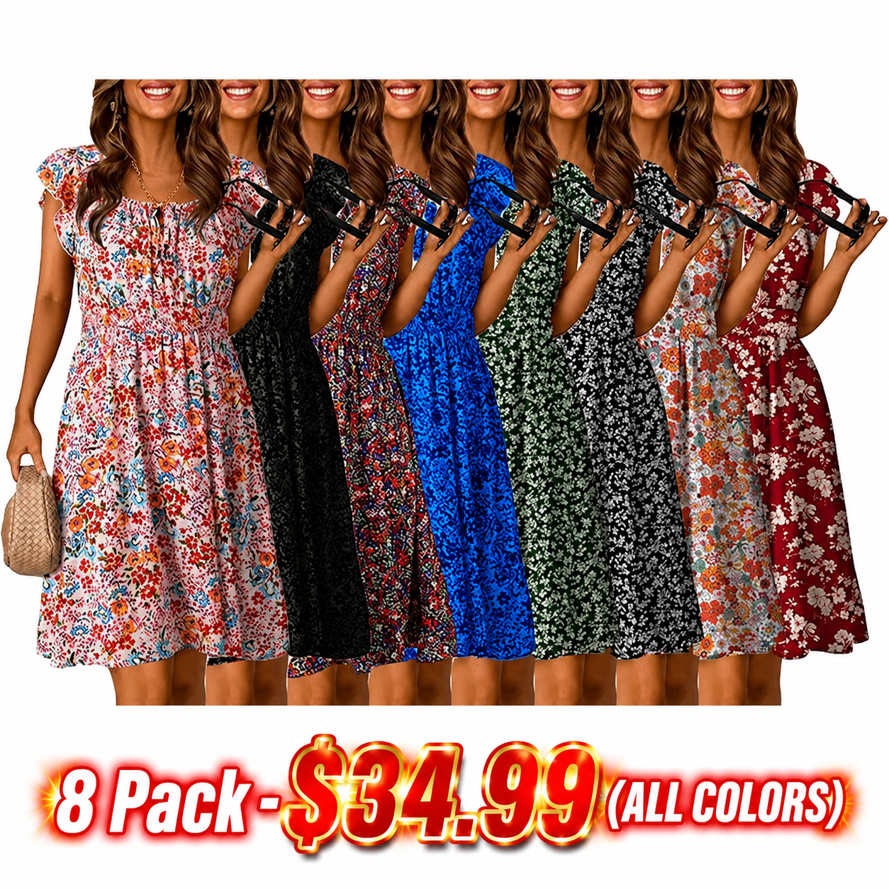 🔥2026 CRAZY DEAL🔥Summer Dresses for Women 2026 Boho Ruffle Sleeve Smocked Mini Dress