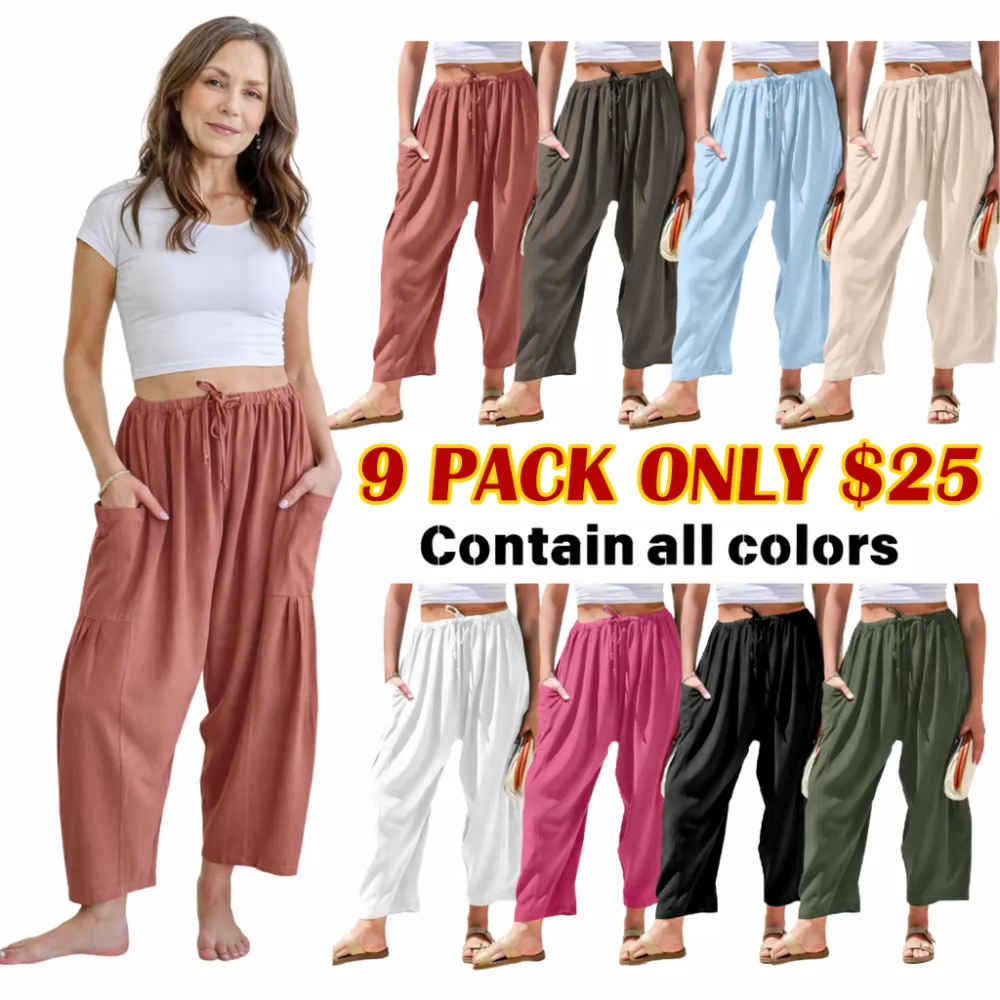 Women's Linen Wide Leg Pants Casual Loose Drawstring Low Waist with Pockets