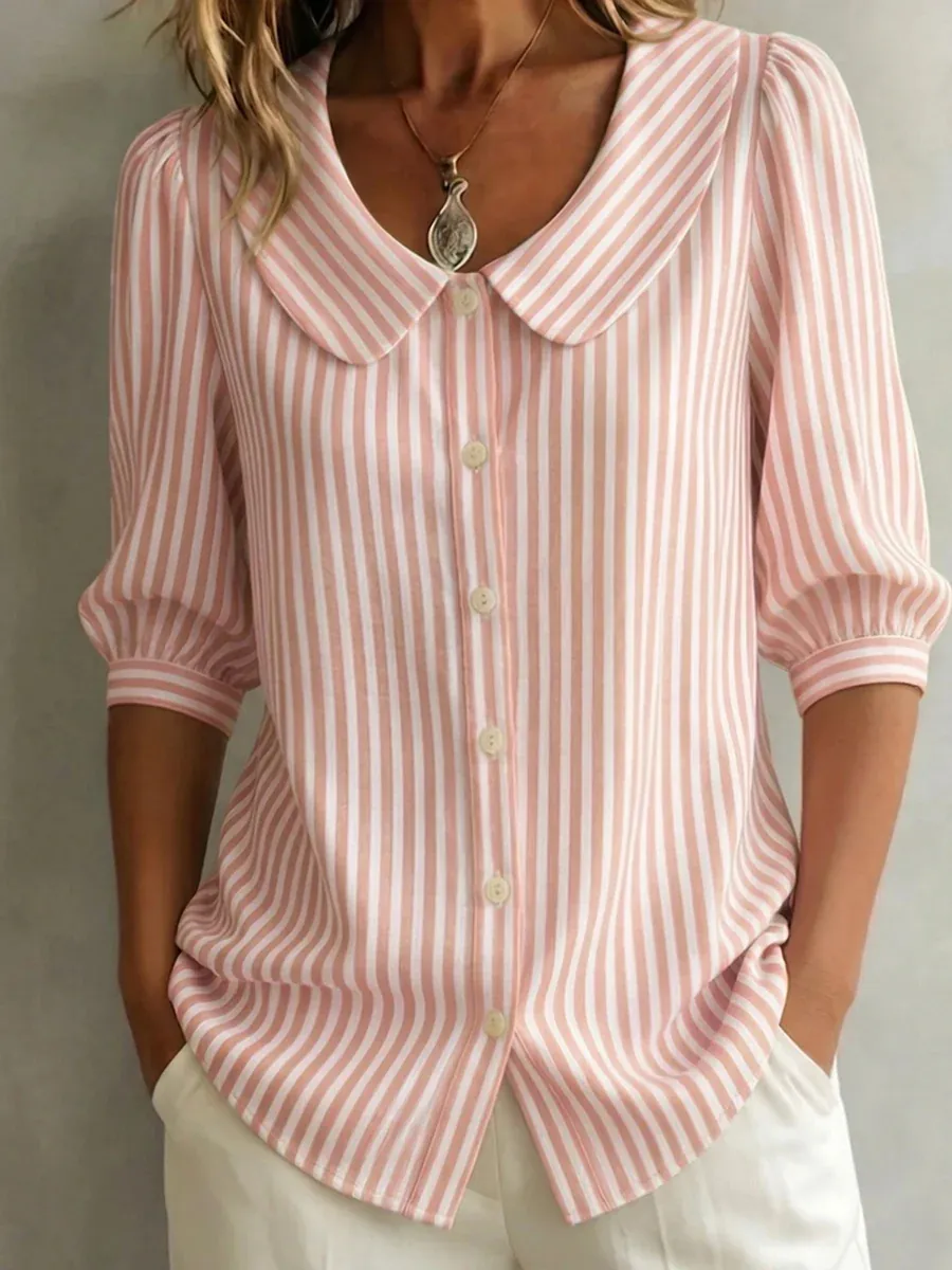 New Arrivals🔥 Women's Retro Peter Pan Collar Striped Cotton Linen Shirt