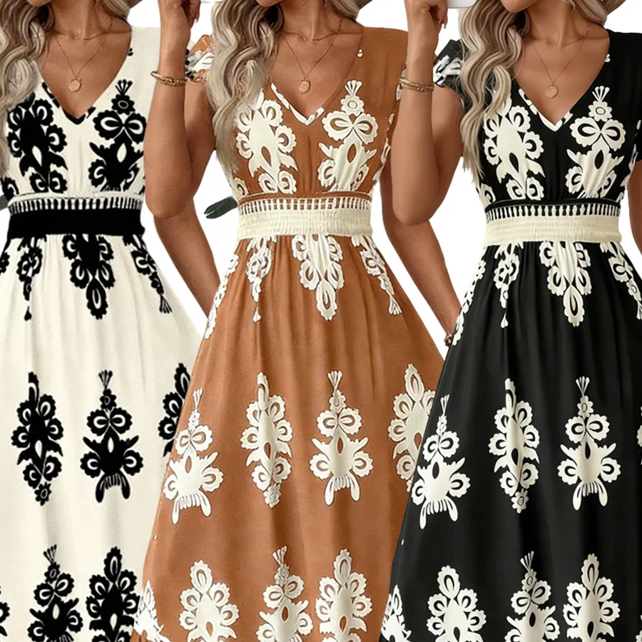 👗New arrival!🏖️Women's V-Neck Baroque Print Flowy Maxi Dress