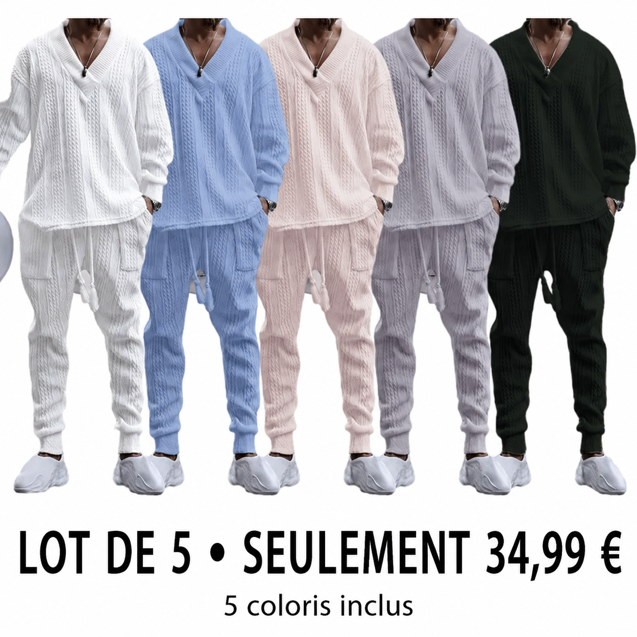 Ensemble de Survêtement Homme en Maille Jacquard – Pull Col V et Jogger Confort