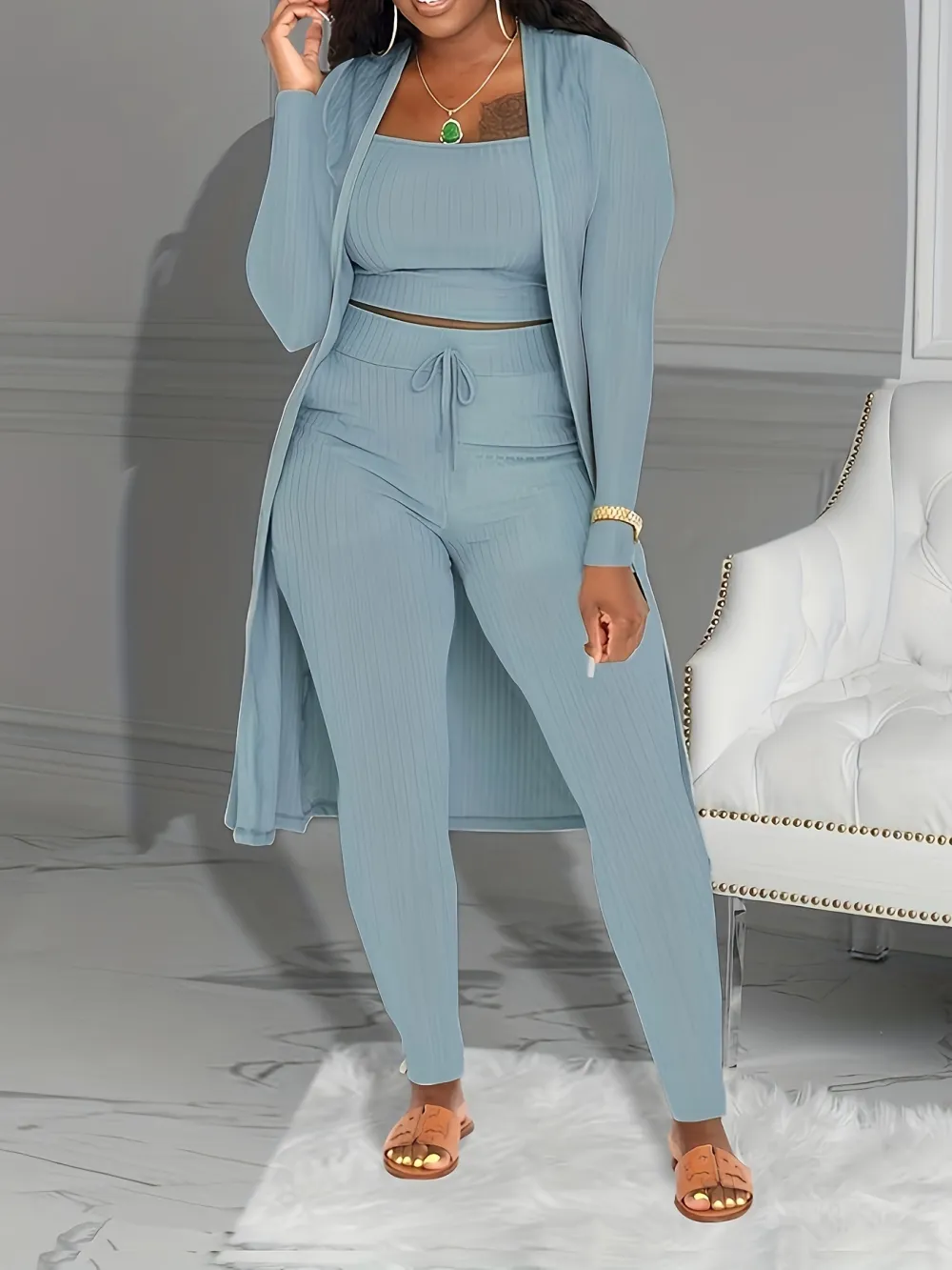 Women 3 Piece Wide Leg Pants Set Casual Long Sleeve Jacket Cardigan With Solid Tank Pants Set Dinner Suit Women