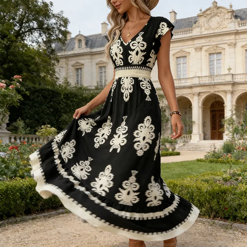 👗New arrival!🏖️Women's V-Neck Baroque Print Flowy Maxi Dress