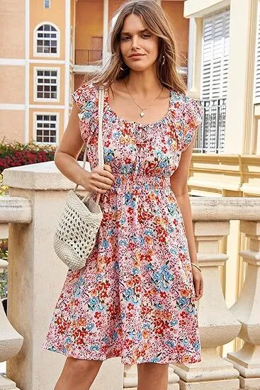 🔥2026 CRAZY DEAL🔥Summer Dresses for Women 2026 Boho Ruffle Sleeve Smocked Mini Dress
