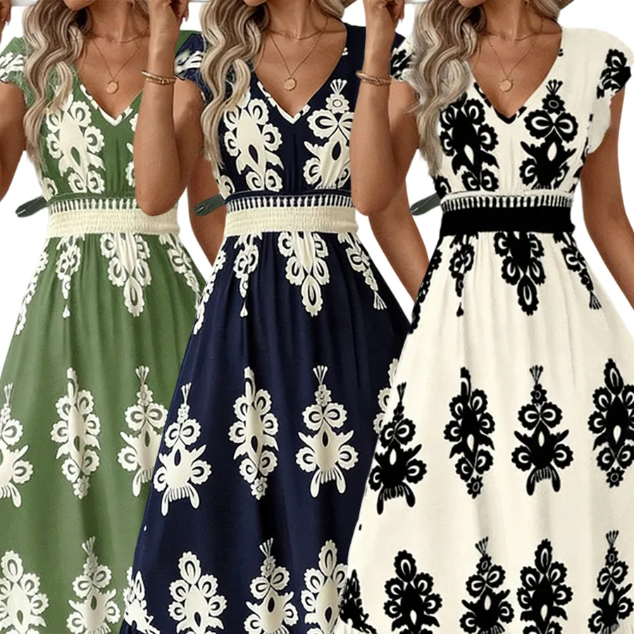 👗New arrival!🏖️Women's V-Neck Baroque Print Flowy Maxi Dress