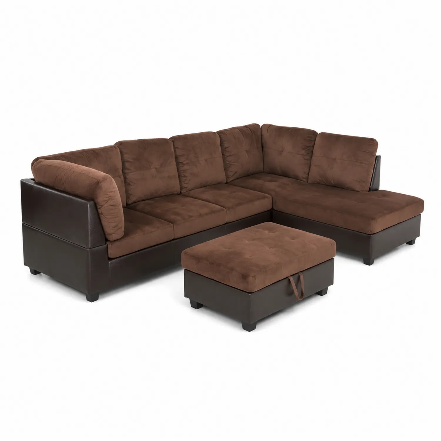 Divano angolare in tessuto e similpelle marrone con pouf