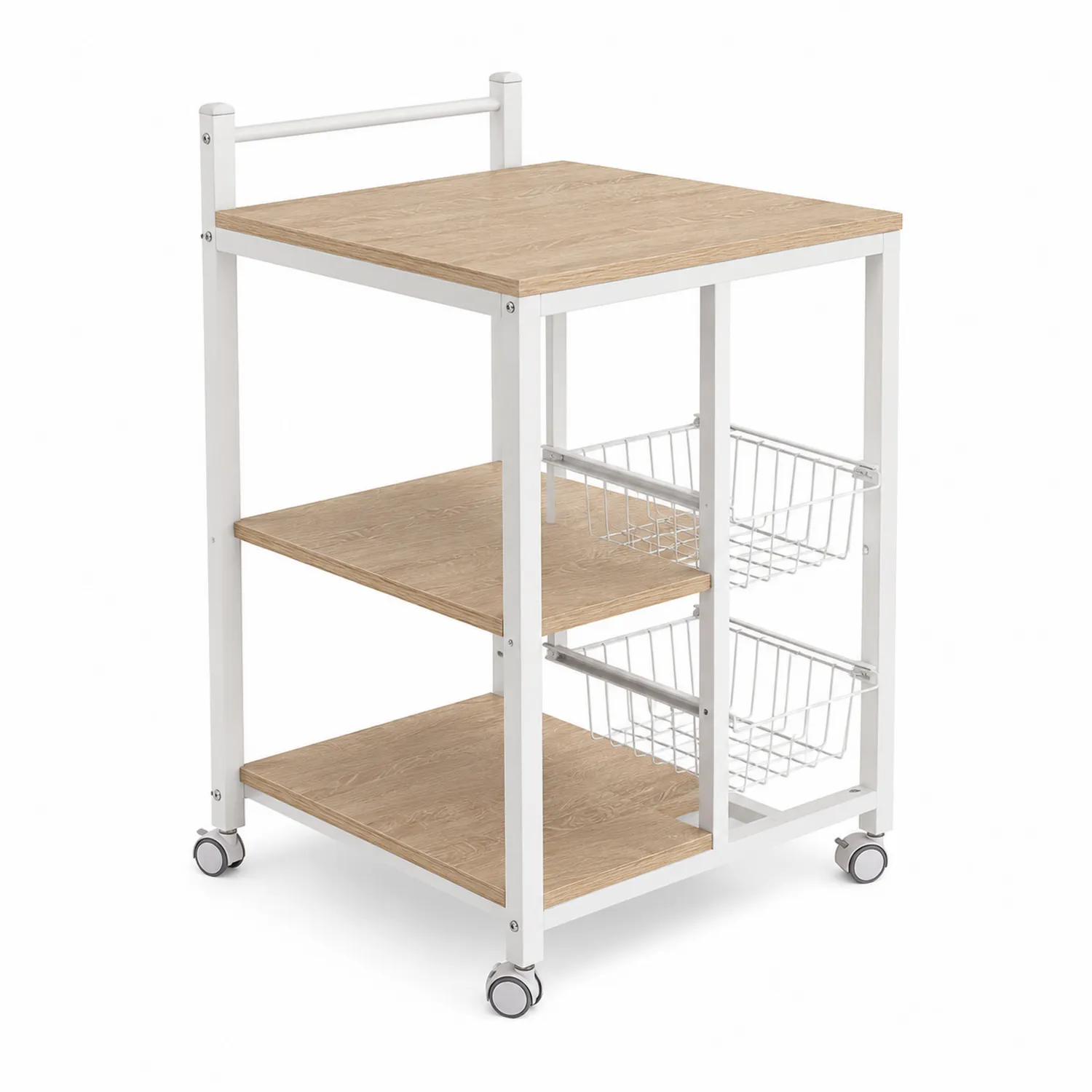 Carrello cucina con ripiani in MDF e cestini in acciaio su ruote